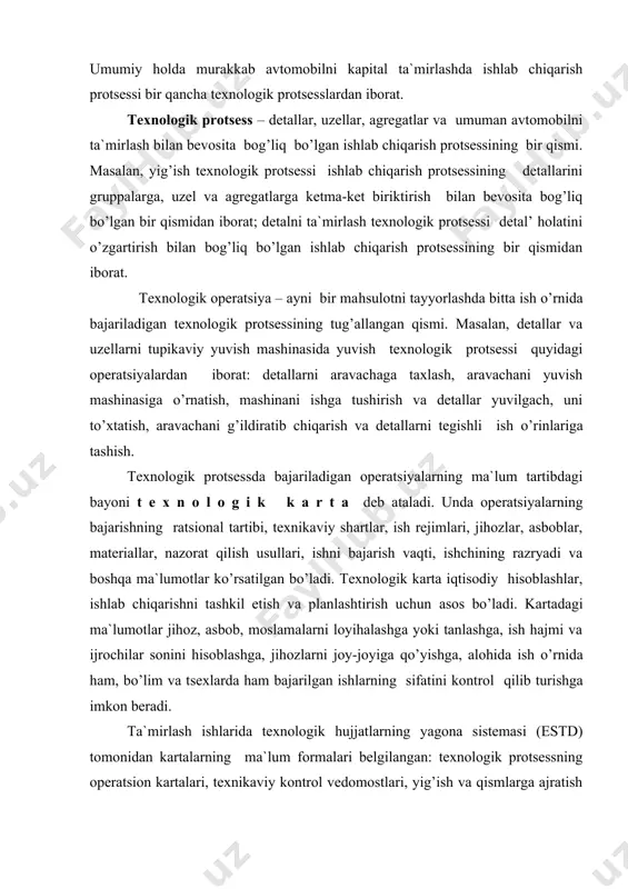 lash ishlari bilan shug’ullandi. bu korxonalarda turli miqdordagi avtomobillar bo’ladi: avtomobili 50 dan 1000 tagacha, avtobuslar 100 dan 500 tagacha, engil avtomobillar 200 dan 1000 tagacha va undan ortiq. ixtiyorida 600 dan 1500 tagacha va undan ortik avtomobillari bo’lgan avtokombinatlar soni muntazam ortib bormokda. avtokombinatlar odatda, bosh (bazaviy) korxonalardan tashkil topgan bo’lib, tarkibida bir necha shu’ba (filial) lari bo’ladi. ular avtomobillardan foydalaniladigan xududlarga yaqin joylashib, ixtiyorida 50 dan 300 tagacha avtomobili bo’ladi. bosh avtokorxonada odatda harakatlanuvchi tarkibni saqlashdan tashqari, ularga txk va t ishlari bajariladi. shuningdek bu erda filialdagi avtomobillarga ham murakkab va katta ish hajmiga ega bo’lgan txk av t ishlarini bajarish mumkin. odatda, filiallarda ktxk, 1-txk va mayda jt hamda avtomobillarni saqlash vazifalari bajariladi. so’ngi yillarda tashkil etilgan ishlab chiqarish avtotransport birlashmalari (pato lar)samarali ishlab kelmokda. bu ishlab chiqarish birlashmalari, haraktlanuvchi tarkidan foydalanuvchi xo’jalik hisobidagi avtotransport korxonasi bo’lib, shaharda va viloyatdagi korxonalarni birlashtirish hisobiga o’z vazifasini bajaradi. odatda …