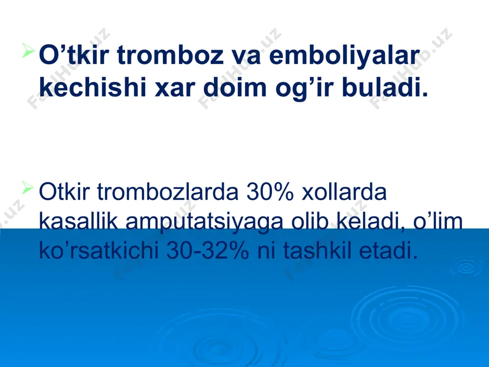 sovuq qotish paresteziya i b og’riq i i a parez i i b plegiya iii a subfassial shish iii b iii v porsial kontraktura total kontraktura sezgi buzilishi agar og’riq va taktil sezgi saqlangan bo’lsa, demak oyoqlar qon aylanishi xayotiylikni saqlash uchun yetarlidir. boldir subfassial shishi embol yuza joylashgan arteriyalar palpatsiyasida embolni sezish mumkin spazm yoki yuqoriga ko’tariluvchi trombozda emboldan yuqori qismda puls aniqlanmaydi embol puls yuk embol embol okklyuziyadan pasda pulsatsiya sezilishi mumkin. okkluziya pulsaciya arterial spazm bartaraf bo’lganda embol arteriyani distal qismiga migratsiya qilishi mumkin. embol diagnozni 100% aniq qo’yish mumkin: agar: -uat birdaniga 40 yoshli odamda bo’lsa - ateroskleroz bo’lmasa - revmatik nuqson bo’lsa - mersal aritmiyasi bo’lsa diagnoz - emboliya. zararlangan qo'l yoki oyoqdagi qon aylanishini tiklash uchun shoshilinch operatsiya-embolektomiya qilish zarur. operatsiya nekrotik o'zgarishlar rivojlanmasdan oldin, dastlabki 4-12 soat ichida o'tkazilsa maqsadga muvofiq bo'ladi. davolashni tomir xirurgiyasining maxsus bo'limida yoki umumiy profildagi xirurgiya bo'limida o'tkazish …