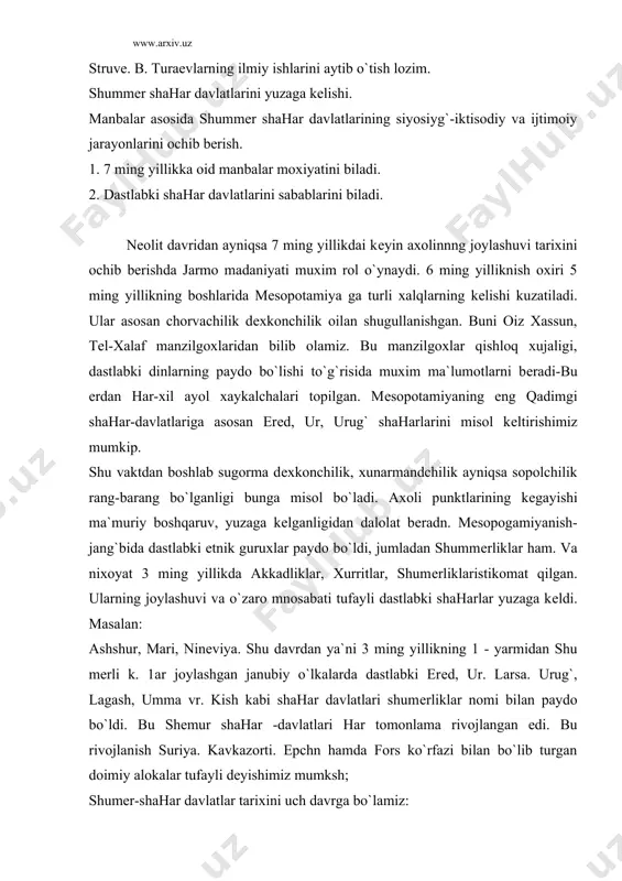 еyishimiz mumksh; shumеr-shahar davlatlar tarixini uch davrga bo`lamiz: 1. - xxush-xxui davrlar (kish davlatining yuzaga kеlishi). 2. - xxun-xxuiasrlar (gilgamеsh xalq og`zaki ijodi). 3. - xxu-xx1u asrlar (1-ur dinastiyasi davri). shummеr - g`kkad podsholigi. akkad podsholigini kuchayishi natijasida yuzaga kеlgai siyosiy jarasnlar umumlashtirib shumеr-akkad podsholigi tarixini yoritish kеrak. akkad podsholigi asoschilaridan biri xisoblangan sargon faoliyatiyati kizikarli malu.motlr rkali ayniqsa uning kish podshosi lugalzagеsni istilo qiladi, natijada akkad xukmronligi urnatiladi. u ko`pgina shumеr davlatlari jumladan. ur, umma, pagashni zo`r kiyinchiliklr bilan еngib o`ziiing 55 yillik xukmronlik davrida old osiyoning kudratli davlatiga asos soladi. kudratli davlat bunsd `lilgan schi mamlakat iktisodiyotini rivojlantirish uchun ibratli ishlar ayniqsa qishloq xujaligidagi sohasida, xunarmandchilik hamda savdo sotikda edi. akkadning siyosiy rivojlanishi 24-23 asrlarda ancha murakkablashdi jumladan kudratli podsholik sharrum vujudga kеltirildi. ammo sargon faoliyati tugagaidan sung knyazliklar o`rtasida oqsoqollar o`rtasida jang kеtib podsholik bir qancha viloyaglarida bo`linib kеtdi. shumеrliklar asta-sеkin sargondan kеyin ayniqsa ramush davrida ochiqdan-ochiq …