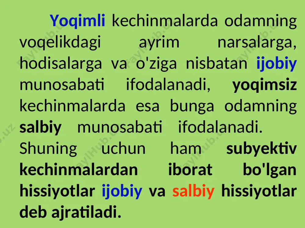 rning hammasi organizmning tashqi o'zgarishlarida va harakatlarida ma’lum darajada ifodalanadi. lekin odamning hissiyotlari ayniqsa, yaqqol ifodalanadi. emotsional kechinmalar organizmning tashqi o'zgarishlarida shu qadar yaqqol alomatlarda ifodalanadiki, odat�da, biz odamning tashqi ko'rinishiga qarab unda qanday hissiyotlar yuz berayotganligini — u xursandmi, yoki xafami, g'azablanganmi yoki biror nimadan qo'rqib turganmi, unda muhabbat paydo bo'lganmi yoki nafrat paydo bo'lganmi, shodlik paydo bo'lganmi yoki uyalish paydo bo'lganmi, xullas, mana shu hislarning ko'pini aytib bera olamiz. rang ko'r, hol so‘r, degan hikmatli so'zning psixologik ma’nosi bunga misol bo'la oladi. hissiyotlarning tashqi alomatlarini ifodali harakatlar deb ataladi. emotsional kechinmalar avvalo muskullarning ixtiyorsiz bo'ladigan harakatlarida ifodalanadi. ijobiy hissiyotlar vaqtida bu harakatlar, odatda, shu hislarni tug'dirgan narsa tomonga yo'nalgan bo'ladi, salbiy hissiyotlar vaqtida esa bu harakatlar shu hislarni tug'dirgan narsadan teskari tom on�ga yo'nalgan bo'ladi. masalan, biz bir badiiy suratni ko'rib undan zavqlansak, bizda yoqimli his tug'iladi, shuning uchun beixtiyor shu suratga yaqinlashamiz. shuningdek, qalin do'stimiz bilan to'satdan …