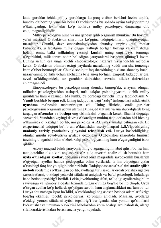 h sharoitlarida ishlayotgan, turli iqlim sharoitlarida yashayotgan turli millatga mansub kishilardir. ularning barchasini qamrab oladigan yagona ishonchli metodikani topish masalasi tadqiqotchi oldiga juda jiddiy muammolarni qo’yadi. shuning uchun ham har bir katta guruhga taalluqli bo`lgan asosiy yetakchi sifatni topish va shu asosda uning psixologiyasini o`rganish hozircha ijtimoiy psixologiyadagi asosiy metodologik yo`llanma bo`lib kelmoqda. qolaversa katta guruhlar jamiyatning tarixiy taraqqiyoti mobaynida shakllangan guruhlar bo`lgani uchun ham har qanday guruhni o`rganishdan oldin, xoh bu sinflar bo`lsin, xoh millatlar yoki xalqlar psixologiyasi bo`lsin, uning hayot tarzi, unga xos bo`lgan odatlar, udumdar, an`analar o`rganiladi. ijtimoiy psixologik ma`noda, hayot tarzini o`rganish deganda, u yoki bu guruhga taalluqli bo`lgan kishilar o’rtasida amalga oshiriladigan muloqot tiplari, o`zaro munosabatlarda ustun bo`lgan psixologik omillar, qiziqishlar, qadriyatlar, ehtiyojlar va boshqalar nazarda tutiladi. ana shularning umumiyligi tufayli har bir shaxsda, ya`ni u yoki bu katta guruhga mansub bo`lgan shaxsda tipik hislatlar shakllanadi. masalan, 90 yillarning yoshlariga xos bo`lgan tipik sifatlar ana …