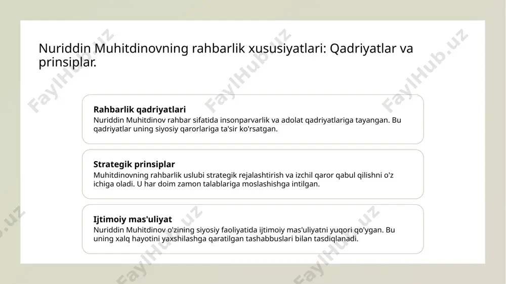 agan. 2 tarixiy yutuqlar - u o'zbekistonda iqtisodiy va ijtimoiy o'zgarishlarga olib kelgan, yangi siyosiy strategiyalar orqali xalqning farovonligini oshirishga intilgan. 3 siyosiy merosi - muhitdinovning rahbarlik merosi, o'zbekistonning zamonaviy siyosiy tarixida davom etmoqda, u davlatning rivojlanishida muhim yo'nalishlarni belgilab bergan. rahbar sifatida nuriddin muhitdinovning o'ziga xos yondashuvi. rahbarlik tamoyillari strategik qarorlar ijtimoiy mas'uliyat nuriddin muhitdinov rahbar sifatida shaffoflik va adolat tamoyillariga tayangan. bu, uning boshqaruvi ostida ishonchni oshirdi va ijtimoiy barqarorlikni ta'minladi. muhitdinov o'zining strategik qarorlar bilan tanilgan, har bir qadamni chuqur tahlil qilar edi. bu usul, davlatning rivojlanishiga ijobiy ta'sir ko'rsatdi. u ijtimoiy mas'uliyatni o'zining rahbarlik yondashuvining ajralmas qismi sifatida ko'rgan. bu, aholi farovonligini oshirishga qaratilgan loyihalar bilan namoyon bo'ldi. o'zbekiston tarixida muhitdinovning siyosiy o'zgarishlarga ta'siri. 1 o'zgarishlarga yetakchilik - nuriddin muhitdinov o'zbekistonda muhim siyosiy o'zgarishlarga rahbarlik qildi, hukumat tuzilishini isloh qilib, yangi siyosiy mexanizmlar yaratdi. 2 ikkinchi islohotlar - 1990-yillardan boshlab, muhitdinov o'zbekistonni bozorga integratsiya qilish uchun …