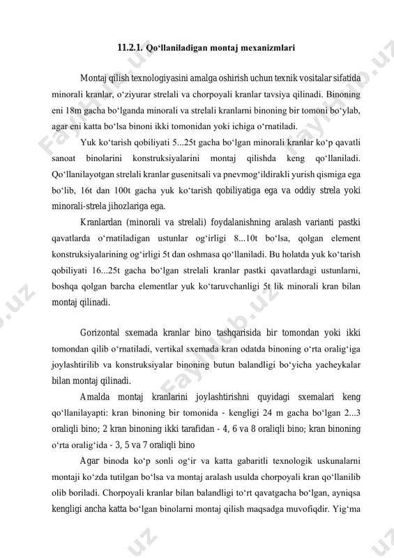 aj qilish qo‘llanilmaydi. 11.2.1. qo‘llaniladigan montaj mexanizmlari montaj qilish texnologiyasini amalga oshirish uchun texnik vositalar sifatida minorali kranlar, o‘ziyurar strelali va chorpoyali kranlar tavsiya qilinadi. binoning eni 18m gacha bo‘lganda minorali va strelali kranlarni binoning bir tomoni bo‘ylab, agar eni katta bo‘lsa binoni ikki tomonidan yoki ichiga o‘rnatiladi. yuk ko‘tarish qobiliyati 5...25t gacha bo‘lgan minorali kranlar ko‘p qavatli sanoat binolarini konstruksiyalarini montaj qilishda keng qo‘llaniladi. qo‘llanilayotgan strelali kranlar gusenitsali va pnevmog‘ildirakli yurish qismiga ega bo‘lib, 16t dan 100t gacha yuk ko‘tarish qobiliyatiga ega va oddiy strela yoki minorali-strela jihozlariga ega. kranlardan (minorali va strelali) foydalanishning aralash varianti pastki qavatlarda o‘rnatiladigan ustunlar og‘irligi 8...10t bo‘lsa, qolgan element konstruksiyalarining og‘irligi 5t dan oshmasa qo‘llaniladi. bu holatda yuk ko‘tarish qobiliyati 16...25t gacha bo‘lgan strelali kranlar pastki qavatlardagi ustunlarni, boshqa qolgan barcha elementlar yuk ko‘taruvchanligi 5t lik minorali kran bilan montaj qilinadi. gorizontal sxemada kranlar bino tashqarisida bir tomondan yoki ikki tomondan qilib o‘rnatiladi, …