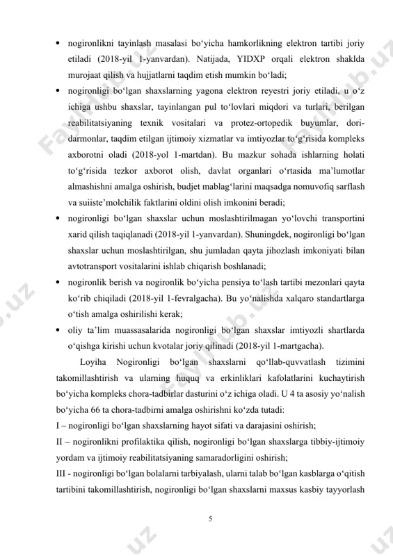 kistonni himoya qilish yoki boshqacha tarzda harbiy burchni bajarish paytida roʻy bergan nogironlik; harbiy burchni bajarish bilan bogʻliq boʻlmagan harbiy xizmatni oʻtash davridagi nogironlik. bu boradagi tartib-qoidalar oʻzbekiston respublikasi vazirlar mahkamasining 1994 yil 24 noyabrdagi 317-son qarori bilan tasdiqlangan “tibbiy-mehnat ekspertiza komissiyalari toʻgʻrisida nizom”da koʻrsatib oʻtilgan. oʻzbekiston respublikasi vazirlar mahkamasi 1995 yil 11 noyabrda “oʻzrning nogironlarni reabilitatsiya qilish borasidagi chora-tadbirlari davlat dasturi toʻgʻrisida” qaror qabul qildi. mazkur qarorning ijrosi nogironlarni reabilitatsiya qilish markazlari sistemasi (nogironlarni tibbiy-ijtimoiy va kasb boʻyicha reabilitatsiya qilish milliy markazi, tayanch-harakat sistemasi kasalliklarida nogironlar reabilitatsiya markazi va 10 ta umumiy tipdagi hududiy reabilitatsiya markazlari) tashkil etildi. bular joylardagi tmeklar bilan hamkorlikda nogironlarni tibbiy-ijtimoiy reabilitatsiya qilish chora-tadbirlarini amalga oshiradi. nogironlar bilan ijtimoiy ish uchun texnologiyalar nogironlarni reabilitatsiya qilishning individual dasturi asosida ijtimoiy xizmat koʻrsatish muassasalarida ijtimoiy ishlar olib boriladi, unga quyidagilar kiradi: • uydagi ijtimoiy xizmatlar (shu jumladan ijtimoiy va tibbiy xizmatlar); • ijtimoiy xizmat koʻrsatish muassasalarining kunduzgi …