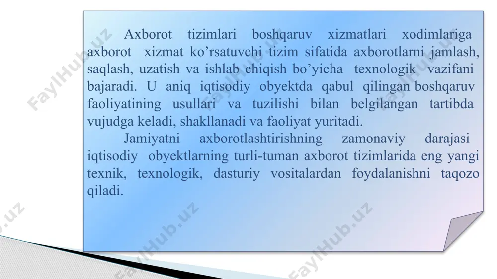 irishni amalga oshirish imkoniyati, avtomatlashtirilgan axborot texnologiyasining boshqaruv vazifalarini qamrash darajasi, texnologik operatsiyalar sinfi, foydalanuvchining interfeys turi, ehm tarmog’idan foydalanish variantlari va xokazo xususiyatlariga ko’ra tasniflash mumkin: avtomatlashtirilgan axborot texnologiyalari aatda amalga oshirish usuli bo’yicha boshqarish jarayonini qamrab olish darajasi bo’yicha foydalaniladigan texnologiya amalga oshiriladigan texnologik operatsiyalar sinfi bo’yicha foydalaniladigan interfeys turi bo’yicha tarmoq tuzilish usuli bo’yicha xizmat ko’rsatuvchi predmet sohalari bo’yicha aatda amalga oshirish usuli bo’yicha an’anaviy zamonaviy at boshqarish vazifasini qamrab olish darajasi bo’yicha ma’lumotlarni electronli qayta ishlash boshqaruv funksiyasini avtomatlashtirish qaror qabul qilishni qo’lab-quvvatlash elektron ofis ekspert madadi foydalaniladigan texnologiya ta’minlovchi texnologiya funksional texnologiya amalga oshiriladigan texnologik operatsiyalar sinfi bo’yicha matn muxarrirlari bilan ishlash jadvalli protsesor bilan ishlash mbbt bilan ishlash grafik ob’ekti bilan ishlash multimedia tizimi foydalaniladigan interfeys turi bo’yicha paketli dialogli tarmoqli tarmoq tuzilish usuli bo’yicha lokal(mahalliy) ko’p darajali taqsimlangan xizmat ko’rsatuvchi predmet sohalari bo’yicha buxgalteriya hisob-kitobi bank faoliyati sug’urta faoliyati e’tiboringiz uchun raxmat!!! image1.jpeg …
