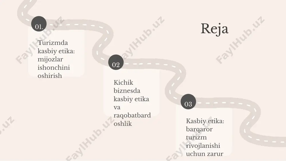 va barqarorlik o'rtasida kuchli bog'liqlik mavjud. etik qarorlar qabul qilish, resurslarni oqilona ishlatish va mahalliy aholi manfaatlarini hisobga olish orqali barqaror turizmni ta'minlaydi. kelajak uchun etika strategiyalari kelajakda turizm sohasida etika strategiyalari o'rganilishi kerak. bu, masalan, barqaror rivojlanish maqsadlariga erishish, shaffoflikni oshirish va mahalliy jamoalarni qo'llab-quvvatlashni o'z ichiga oladi. 01. 02. 03. kasbiy etika va uning ahamiyati kasbiy etika turizm sohasida muhim ahamiyatga ega. u mijozlar bilan munosabatlarni mustahkamlash, ishonchni oshirish va raqobatbardoshlikni ta'minlashda muhim rol o'ynaydi. etik me'yorlar xizmat ko'rsatish sifatini oshiradi va mijozlarning e'tiborini jalb qilishda yordam beradi. masalan, mehmonxona xodimlari mijozlarga samimiy va adolatli munosabatda bo'lsalar, ular qoniqish va takroriy tashriflar ko'rinishi kuchayadi. shuningdek, turizm kompaniyalari o'z faoliyatlarida etik tamoyillarni qo'llab-quvvatlasa, ularning obro'si oshadi va biznes muvaffaqiyati ta'minlanadi. raqobatbardoshlikni oshirish usullari kasbiy etikani qo'llash raqobatbardoshlikni oshirishda muhim ahamiyatga ega. mijozlar bilan muvofiqlik va ishonchni rivojlantirish, xizmat sifatini yaxshilash orqali raqobat ustunligini ta'minlaydi. etikani asosiy tamoyil sifatida qabul …