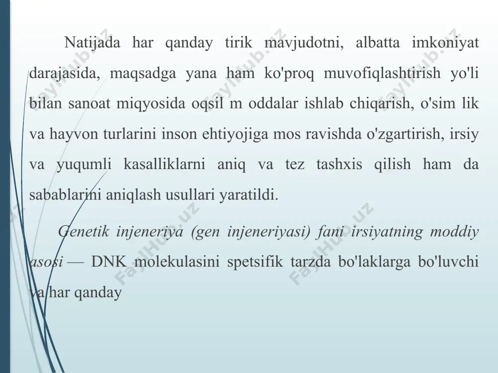 qiladi. 4. sintetik oziq muhit — ma’lum bir kimyoviy birikmalardan tayyorlangan oziq muhit. genetik transformatsiya genetik transformatsiya ma’lum sharoitda bir organizm irsiy molekulasi har qanday bo'lagining ikkinchi organizm irsiy molekulasi tarkibiga birikish hodisasiga transformatsiya deb ataladi. transformatsiya jarayoni 1928-yilda griffit tomonidan kashf etilgan. griffit transformatsiya jarayonini 2 xil pnevmokokk (s va r) bakteriya shtam mlarida kuzatgan. pnevmokokk bakteriyasining s shtam mi polisaxarid poʻstli bo'lib, hujayra sirti silliq, r shtam m da esa polisaxarid po'sti bo'lm aydi va hujayra sirti g'adir-budur (s inglizcha smooth — silliq, r — inglizcha rough — g'adir-budur). s shtam m bakteriyaning polisaxarid po'sti sichqon organizmi im m un sistemasi ta ’sirini o'tkazmaganligi sababli, u kasallik qo'zg'atuvchi bo'lib, sichqonlarda pnevmoniya kasalligini keltirib chiqaradi va sichqonlar o'ladi. bu hodisani m ohivati quyidagi 4-rasmda ifodalangan. k o'rinib turibdiki, pnevmokokkning s-shtam m idan qandaydir modda r shtam mning ayrimlari s-shtammga aylangan, ya’ni transformatsiya boigan. tajribada olingan natijalarni griffitning o ʻzi …