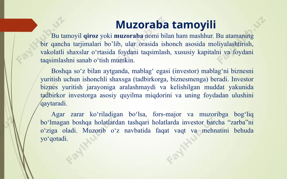 ning ikkinchi tomonga o‘z aktivlarini omonat saqlash va foydalanishga berishga roziligini ifodalaydi. vadia shartnomasiga ko‘ra mulk egasi o‘z mulkini asrash va kafilligini beruvchi vakolatli shaxsni tayinlaydi. ishonchli (vakolatli) shaxs aktiv egasi yoki uning oila a’zolari tomonidan tayinlanishi mumkin. agar vakolatli shaxs mulkni saqlashga olganligini rad etsa yoki uni qaytarishdan bosh tortsa, unga o‘zgalar mulkini noqonuniy saqlaganlik aybi qo‘yiladi va o‘z harakatlari uchun javob beradi. agar vakolatli shaxs saqlash uchun berilgan mulkni o‘z mulkiga qo‘shib yuborgan bo‘lsa, bu holatda ham uning harakatlariga huquqiy baho beriladi. islomiy bank tizimida vadia – jamg‘arma depozitlaridir. bu mijozga o‘z mablag‘larini bankda saqlashga imkon beradi va bank faqat depozit egasining roziligi bilan xatarni hisobga olib, o‘z faoliyatida ishlatishi mumkin. mijoz har qanday vaqtda depozit hisob raqamidan qisman yoki butkul o‘z pullarini yechib olishi mumkin, bank esa mana shu amaliyotni amalga oshirish kafolatini beradi. malayziyada ushbu tamoyil vadia yad damana deb ataladi va kafolatli saqlashni bildiradi. bank …