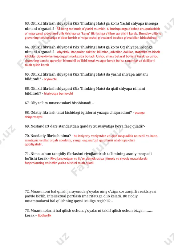 di 69. nostandart dars standartdan qanday xususiyatiga ko'ra farq qiladi?- 70. noodatiy fikrlash nima? - bu ixtiyoriy vaziyatdan chiqish maqsadida noizchil va hatto, mantiqsiz usullar orqali noodatiy, yangi, eng ma’qul qarorlarni izlab topa olish qobiliyatidir. 71. nima uchun tanqidiy fikrlashni rivojlantirish ta'limining asosiy maqsadi bo'lishi kerak - rivojlanayotgan va ilg'or demokratiya ijtimoiy va siyosiy masalalarda fuqorolarning xolis fikr yurita olishini talab qiladi. 72. muammoni hal qilish jarayonida g'oyalarning o'ziga xos zanjirli reaktsiyasi paydo bo'lib, intellektual portlash (ma'rifat) ga olib keladi. bu ijodiy muammolarni hal qilishning qaysi usuliga tegishli? – 73. muammolarni hal qilish uchun, g'oyalarni taklif qilish uchun bizga …....... kerak – ijodkorlik 74. muammolarni hal qilish texnikasida oxirgi bosqich nima deb nomlanadi? - qaroringiz va rejangizni maslahatlashing. 75. muammolarni hal qilish texnikasida birinchi bosqich nima deb nomlanadi? - muammoni aniqlab oling 76. muammolarni hal qilish texnikasi nechta bosqichdan iborat? - 4 ta 77. miya yurishi (brainwalking)ning mohiyati nimada? - …