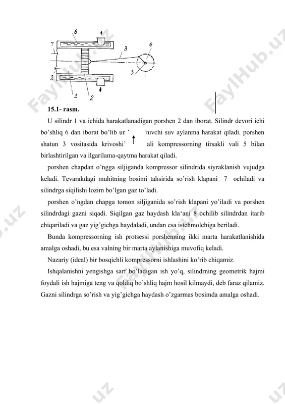 ib chiqaradi. 2-3 chizig’i haydash chizig’i deyiladi. porshen qaytadan o’ng tomonga harakatlana boshlaganida so’rish klapani ochilib silindrda bosim juda tez r2 dan r1 ga tushadi. 3-0 chiziq va ish protsessi yana shu tarzda takrorlanadi. nazariy indikator diagrammasidagi 0-1-2-3-4 yuza kompressor valini bir marta aylanishiga sarf bo’ladigan,ya’ni siqilgan gaz olishga sarf​lanadigan ish miqdorini ifodalaydi va quyidagi ifoda bilan to​‘iladi: r -diagrammada siqilish ishi: 12561 yuza bilan haydash ishi 43254 yuza bilan, so’rilish ishi lsur esa 01640 yuza bilan tasvirlanadi. 15.2-rasmda keltirilgan diagrammadan ko’rinib turibdi​ki, kompressor silindrining devorlaridan issiqlik olib ketilma​ganda gazni siqish protsessi 1-2 adiabata bo’yicha boradi. silindr devorlaridan issiqlik tez olib ketib turilganda protsess 1-2 izoterma bo’yicha sodir bo’ladi. ko’rinib turibdiki, ikkala protsessdan izotermik protsess tejamlirok, chunki izotermik siqishda sarf bo’ladigan ish adiabatik siqishdagiga qaraganda son jihatdan 12 2 1 yuzaga teng miqdorda kam bo’ladi. lekin real kompressorda gazni izotermik siqib bo’l​maydi, chunki silindrni sovituvchi suv havoni siqishda chiqadigan issiqlikning …