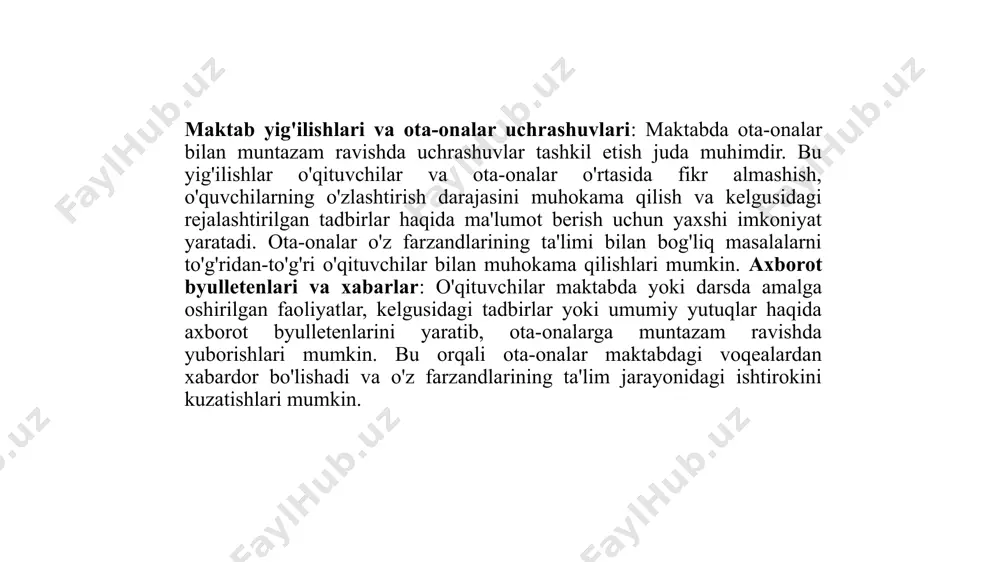 kllantirishda yordam beradi. 3. maktabda ota-onalarga yordam beruvchi maslahat xizmatlarini tashkil etish. maktabda ota-onalarga yordam beruvchi maslahat xizmatlarini tashkil etish, o'qituvchilar va ota-onalar o'rtasidagi hamkorlikni rivojlantirish, bolalarning ta'limini yaxshilash va ularning ehtiyojlarini qondirishda muhim ahamiyatga ega. ota-onalar uchun maxsus maslahat xizmatlari, ularni ta'lim jarayoniga faol jalb qilish, psixologik va pedagogik yordam ko'rsatish, va farzandlarining rivojlanishini qo'llab-quvvatlashga yordam beradi. psixologik maslahat xizmatlari: ota-onalar uchun maktabda psixologik maslahat xizmatlarini yaratish, ularning farzandlari bilan munosabatlarini yaxshilash, bolalarining psixologik ehtiyojlarini tushunishga yordam beradi. psixologlar ota-onalarga farzandlarining ruhiy holatini, o'zaro munosabatlar va o'qishdagi qiyinchiliklar haqida maslahatlar berishi mumkin. bunday xizmatlar ota-onalarga bolalarining stress, xavotirlik yoki o'ziga bo'lgan ishonchsizlik kabi muammolarini hal qilishda yordam beradi. pedagogik maslahat xizmatlari: ota-onalarga bolalarining ta'lim jarayonini yaxshiroq tushunishga yordam berish uchun pedagogik maslahatlar berilishi kerak. bu xizmatlar ota-onalarga o'z farzandlarini ta'lim jarayonida qanday qo'llab-quvvatlash, o'qishdagi muvaffaqiyatlarni oshirish uchun qanday metodlarni qo'llash, o'qish bilan bog'liq muammolarni qanday hal qilish haqida maslahatlar …