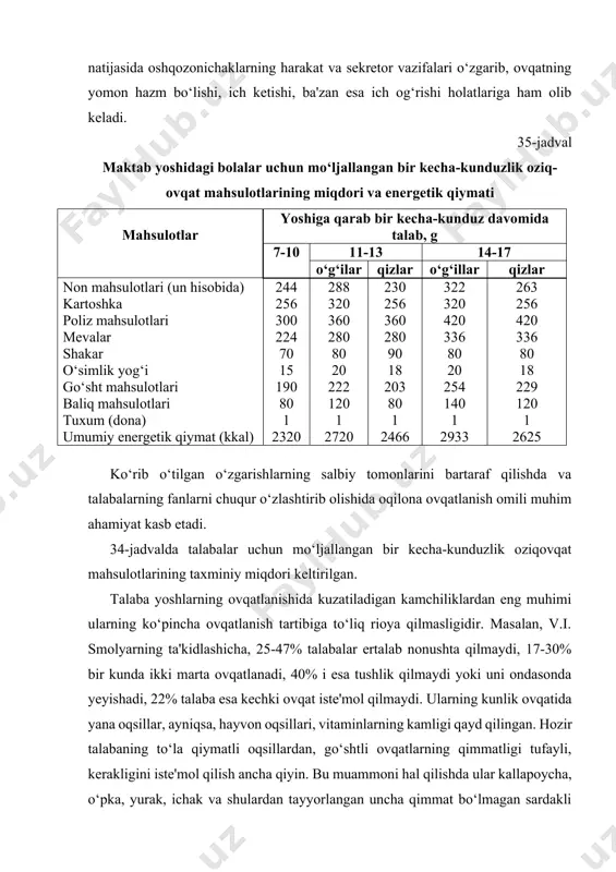 yuqorida qayd qilganimizdek, talabalar hayotining ancha jo‘shqin o‘tishi ular tanasining vitaminlar va ayrim mineral moddalarga bo‘lgan talabining doimo yuqori bo‘lishiga olib keladi. shuning uchun ular issiq ovqatni ko‘katlar va salatlar bilan yeyishga harakat qilishi, sabzi, ko‘k piyoz va shunga o‘xshash maxsulotlarni pishirilmagan holda ( “tirik “) iste'mol qilib turishi kerak. shirinliklar va tuzlamalarni me'yoridan ortiq iste'mol qilish tavsiya etilmaydi. fiziologik nuqtai nazaridan talabalarning kunlik ovqatidagi umumiy quvvat miqdori yigitlar uchun 2585 kkal, qizlar uchun 2434,5 kkal bo‘lishi tavsiya qilinadi. oqsillar iste'mol qilingan kunlik taomlardagi quvvatning kamida 18% ini tashkil qilishi kerak. shu miqdordagi oqsilning 60% hayvonlarning mahsulotlaridan olinadigan va to‘la qiymatli bo‘lishi lozim. yog‘lar esa umumiy energetik qiymatning 30% ini tashkil etishi va shu yog‘ning yarmisi o‘simlik yog‘lari bo‘lishi kerak. talabalar vujudining ayrim mineral moddalarga bo‘lgan kunlik talabi quyidagicha: kalsiy - 800mg, fosfor - 1600mg, magniy - 500mg, kaliy - 2500mg, temir - 10mg. yuqorida keltirilgan oqilona ovqatlanish bo‘yicha tavsiyalarga …