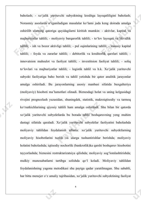 aniqlash, iqtisodiy resurslardagi potensial o‘zgarishlarni baholash zarurligi qayd yetiladi. moliyaviy hisobotlarni bir paytning o‘zida turli davrlar bo‘yicha axborotlarni jamlashi ham ularning tahliliyligini ta’minlash uchun qilingan zaruriy talabdir. o‘zbekiston respublikasi iqtisodiyot vazirligi huzuridagi iqtisodiy nochor korxonalar ishlari qo‘mitasining “korxonalarning moliyaviy iqtisodiy ahvoli monitoringi va tahlilini o‘tkazish mezonlarini aniqlash tartibi to‘g‘risidagi qarori”ga muvofiq xo‘jalik yurituvchi subyektlarning iqtisodiy nochorligini baholashda quyidagi ko‘rsatkichlar tizimini o‘rganish tavsiya yetiladi: to‘lov layoqati yoki qoplash koeffitsiyenti; o‘z aylanma mablag‘lari bilan ta’minlanish koeffitsiyenti; korxona aktivlari va xarajatlari rentabelligi. yakuniy xulosani chiqarish yuzasidan quyidagi qo‘shimcha ko‘rsatkichlar o‘rganiladi: o‘z mablag‘lari va qisqa muddatli qarz mablag‘lari nisbati koeffitsiyenti; ishlab chiqarish quvvatlaridan foydalanish koeffitsiyenti; asosiy vositalarning yeskirish koeffitsiyenti. o‘zbekiston respublikasi vazirlar mahkamasining “davlat ulushi bo‘lgan aksiyadorlik jamiyatlari va boshqa xo‘jalik yurituvchi subyektlar faoliyati samaradorligini baholash mezonlarini joriy yetish to‘g‘risida”gi qarorida quyidagi ko‘rsatkichlarni baholashni tavsiya yetiladi. 1. samaradorlikning asosiy ko‘rsatkichlari: korxonaning foizlar, soliqlar va amortizatsiya summasi chegirilgunga qadar foydasi; xarajat va daromadlarning o‘zaro nisbati; …
