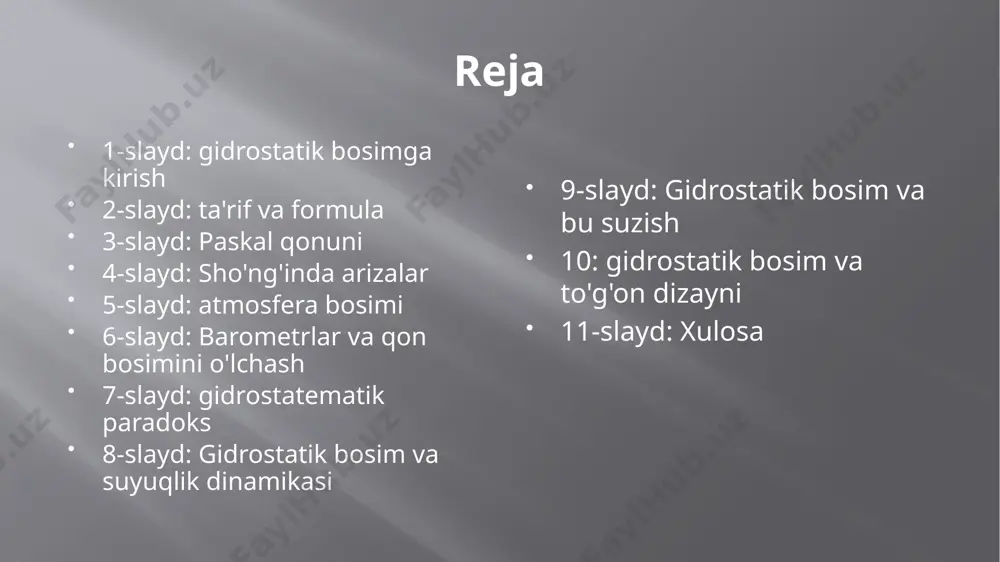 bosim va bu suzish arximedesning printsipi ta'kidlashicha, suyuqlik ichidagi ob'ektni burishtiradigan suyuqlik og'irligiga teng bo'lgan yuqoriga ko'tarilish kuchini boshdan kechiradi.gidrostatik bosim shu lahzalar uchun javob beradi, bu ularning zichligiga qarab suzish yoki cho'kish imkonini beradi. 10: gidrostatik bosim va to'g'on dizayni gidrostatik bosim to'g'on dizaynida tanqidiy ahamiyatga ega.staxt tuzilishiga qarshi bosim barqarorlikni ta'minlash va muvaffaqiyatsizlikni oldini olish uchun ehtiyotkorlik bilan hisoblash kerak.gidrostatik bosimni tushunish muhandislar dizayni xavfsiz va samarali to'g'onlarga yordam beradi. 11-slayd: xulosa gidrostatik bosim fizikadagi asosiy tushunchadir va ko'plab amaliy dasturlarga ega.diving, ob-havo prognozi yoki muhandisligi, tushunishimiz bizga xususiyatlari samarali bo'lgan suyuqlik va dizayn tizimlarining xatti-harakatlarini tushunishga imkon beradi. e'tiboringiz uchun rahmat! image2.png image3.png /docprops/thumbnail.jpeg