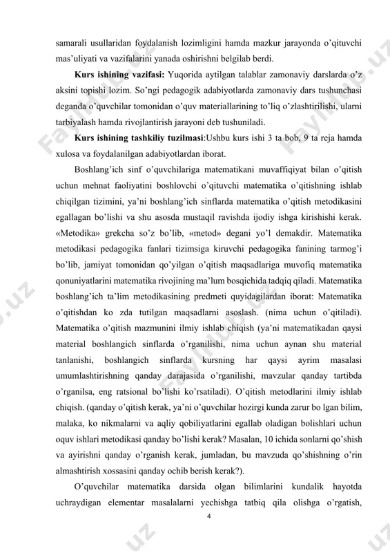 nf o’quvchilariga matematikani muvaffiqiyat bilan o’qitish uchun mehnat faoliyatini boshlovchi o’qituvchi matematika o’qitishning ishlab chiqilgan tizimini, ya’ni boshlang’ich sinflarda matematika o’qitish metodikasini egallagan bo’lishi va shu asosda mustaqil ravishda ijodiy ishga kirishishi kerak. «metodika» grekcha so’z bo’lib, «metod» degani yo’l demakdir. matematika metodikasi pedagogika fanlari tizimsiga kiruvchi pedagogika fanining tarmog’i bo’lib, jamiyat tomonidan qo’yilgan o’qitish maqsadlariga muvofiq matematika qonuniyatlarini matematika rivojining ma’lum bosqichida tadqiq qiladi. matematika boshlang’ich ta’lim metodikasining predmeti quyidagilardan iborat: matematika o’qitishdan ko zda tutilgan maqsadlarni asoslash. (nima uchun o’qitiladi). matematika o’qitish mazmunini ilmiy ishlab chiqish (ya’ni matematikadan qaysi material boshlangich sinflarda o’rganilishi, nima uchun aynan shu material tanlanishi, boshlangich sinflarda kursning har qaysi ayrim masalasi umumlashtirishning qanday darajasida o’rganilishi, mavzular qanday tartibda o’rganilsa, eng ratsional bo’lishi ko’rsatiladi). o’qitish metodlarini ilmiy ishlab chiqish. (qanday o’qitish kerak, ya’ni o’quvchilar hozirgi kunda zarur bo lgan bilim, malaka, ko nikmalarni va aqliy qobiliyatlarini egallab oladigan bolishlari uchun oquv ishlari metodikasi qanday …