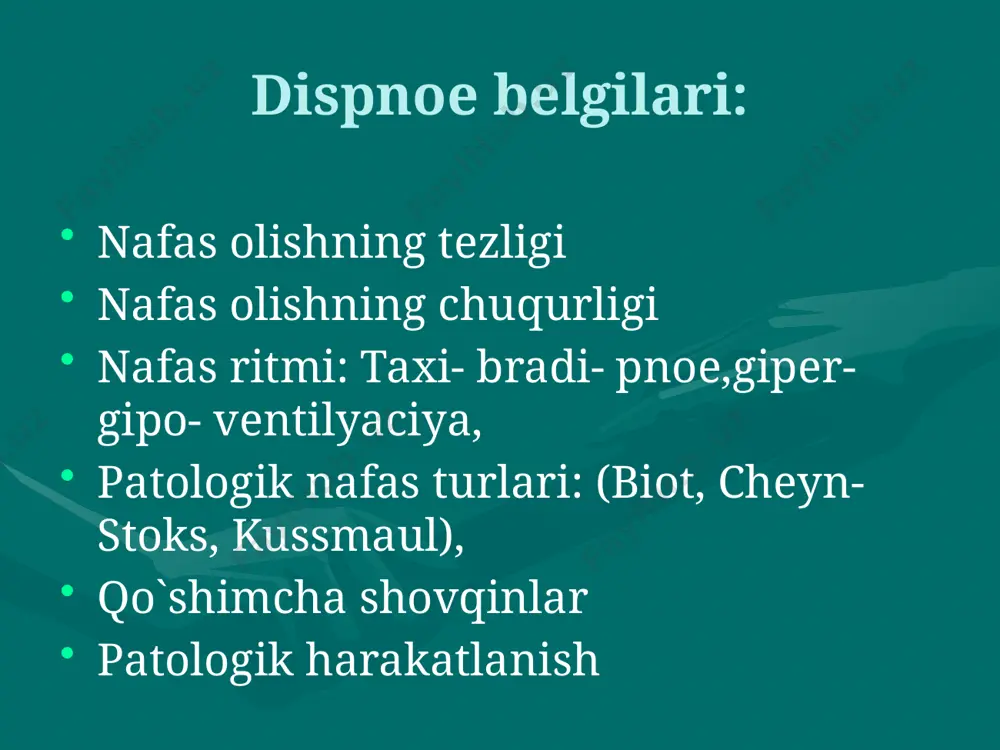 nofaringit mikoplazma → bronxiolit, pnevmoniya, bronxit, faringotonzillit, + otit kam qo`yiladigan tashxislar: o`tkir nazofaringit o`tkir faringit surunkali rinit va nazofaringit kam uchraydigan = halqum orqasidagi abscess sinusit tekshirish ko`krag qafasining rentgenografiyasi ter tarkibida xloridlar miqdorini aniqlash yutinish videoflyuroskopiyasi rentgenkontrast tekshirish davolash ingalyacion bronxodilatatorlar (albuterol) nebulayzer dozalovchi speyser ingalyator (дозирующий ингалятор спейсер) ikkinchi xurujda – oral kortikosteroidlar: prednizolon 1-2 mg/kg/sutkasida 5 kun uchinchi xurujda – ingalyacion steroidlar o`nye ni intensiv davolash asosiy kasallikni bartaraf etish ventilyaciyani ta`minlash ventilyaciya intensiv davolash blokida o`tkaziladi 100% kislorod → burun zondi bilan intubaciya → auskultativ va rentgenologik nazorat → monitoring (klinik va laborator) = kateterizaciya alveolyar kollapsni oldini olish maqsadida musbat bosim ostidagi uzoq davom etuvchi ventilyaciya samara bermagan medikamentoz davolash alternativ diagnoz qidirishga asos повод для альтернативного диагноза prognoz o`tkir kasallik → o`nye → prognoz musbat surunkali kasallik → o`nye → prognoz ~: kasallikni xususiyatlari, davomiyligi, kechishi, qaytalanishi o`pkaning yatrogen kasalliklari postreanimacion kasallik 100% …