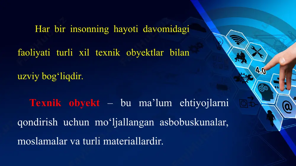 rakatni o‘zgartiruvchi va uzatuvchi qurilma. bunda yetakchi detalning harakati bir yoki bir nechta detallarning ma’lum bir harakatini keltirib chiqaradi. this presentation uses a free template provided by fppt.com www.free-power-point-templates.com eng oddiy mexanizmlarga osma blok, richag, g‘ildirak (charxpalak) va boshqalar kiradi (1-rasm). this presentation uses a free template provided by fppt.com www.free-power-point-templates.com detal – mashinaning bir xil materiallardan tayyorlangan va alohida bo‘laklarga ajralmaydigan qismi. this presentation uses a free template provided by fppt.com www.free-power-point-templates.com texnologik mashinalarning tasnifi. hozirgi bosqichda mashinalar dunyosi juda katta va xilma-xildir. shuning uchun ular maqsad va bajaradigan vazifalariga ko‘ra 3 ta katta guruhga bo‘lingan: this presentation uses a free template provided by fppt.com www.free-power-point-templates.com ishchi mashinalar muayyan ishni bajaradigan va shunga mos ravishda ishlarni osonlashtiradigan mashinalar. masalan, stanok, konveyer, lift, transport va boshqalar this presentation uses a free template provided by fppt.com www.free-power-point-templates.com energiya hosil qiladigan mashinalar bir turdagi energiyani boshqasiga o‘zgartiradigan mashinalar. masalan, elektr dvigatel, shamol …