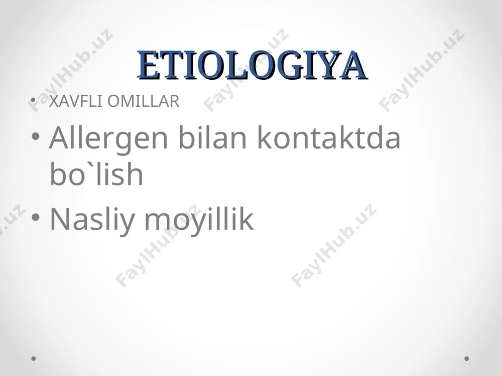 bronxodilatatorlar –ingalyasion b2-agonistlar 2 pog`ona engil persistirlovchi astma lozim bo`lganda (lekin kuniga 3-4 martadan kam): qisqa vaqt ta'sir etuvchi bronxodilatatorlar - ingalyasion 2-agonistlar har kuni: ·ingalyasion kortikosteroidlar 800-2000 mkg; · uzoq vaqt ta'sir etuvchi bronxodilatatorlar, ayniqsa tungi simptomlarla: ingalyasion 2-agonistlar yoki teofillinlar, yoki 2-agonistlar tabletkalarda yoki siropda 3 pog`ona. o`rta darajadagi persistirlovchi astma har kuni: · ingalyasion kortikosteroidlar, 800-2000 mkg va undan ortiq; · uzoq ta'sir etuvchi bronxodilatatorlar: ingalyasion betta2-agonistlar yoki teofillinlar va/yoki betta2-agonistlar tabletkalarda yoki siropda; · uzoq vaqtga peroral kortikosterodlar 4 poqona. og`ir persistirlovchi astma xuruj davrida qo`llaniladigan dori vositalari pog`ona xuruj davrida qo`llaniladigan dori vositalari lozim bo’lganda: qisqa vaqt ta'sir etuvchi bronxodilatatorlar - ingalyasion 2-agonistlar kromoglikatnatriy va nedokromil natriy yengil ba ni davolashda asosiy o`rinni egallaydi. o`rtacha og`ir va og`ir kechishida samara kam. mazkur moddalar surunkali yalig`lanishda allergik reaksiyani ingibirlaydi va bronxning giperreaktivligini kamaytiradi kortikosteroidlar ba ni davolashda yallig`lanishga qarshi samarali modda hisoblanadi. araxidon kislotasi metabolizmga, leykotrienlar …