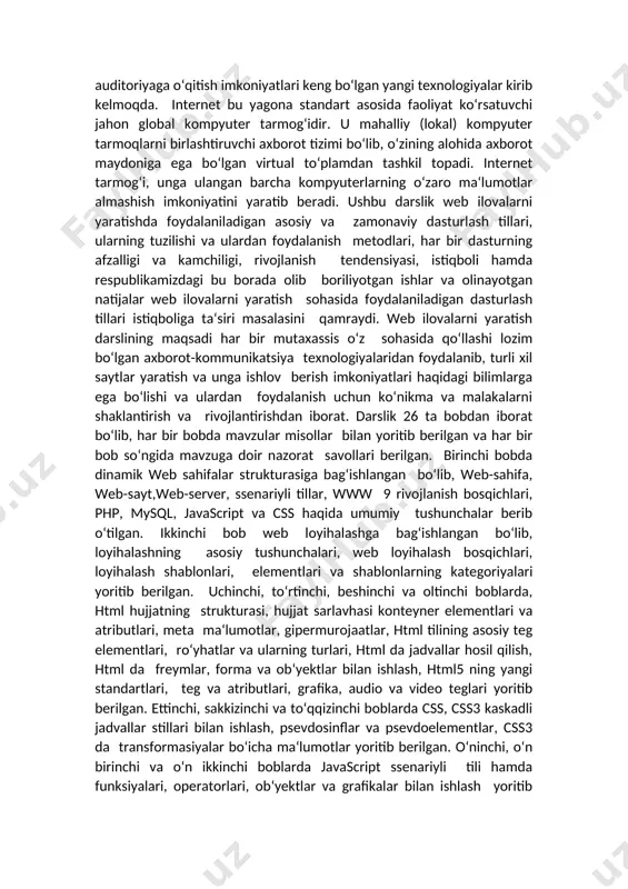 ash vositalari teg (tag) deb ataluvchi vosita orqali amalga oshiriladi. web-sahifaning matn va teglari aralash ravishda html-hujjat deb ataluvchi faylining ichiga joylashtiriladi. qanday tegni qo‘llaganingizga qarab brauzer oynasida ma‘lumotlar turlicha ko‘rinadi. html hujjatga ma‘lumotlarni joylashtirish va tahrirlash uchun yuzlab teglar mavjud. masalan, va teglari xat boshini tashkil etadi, va juft teglari esa, matnni yozma (kursiv) holda ko‘rsatish uchun qo‘llaniladi. shu bilan birga gipermatnli xavola (ssilka)lar teglari ham mavjud. ushbu elementlar foydalanuvchiga gipermatn ustiga sichqoncha kursori bosilganda boshqa hujjatga bog‘lanish imkonini beradi. xml (extensible markup language). xml tili ham html tiliga o‘xshash til hisoblanadi. html dan farqli tomoni shundaki, xml da dasturchi o‘zining shaxsiy teglarini yaratadi va ular orasiga ma‘lumotlar joylashtiradi. xml-teglar harflar katta kichikligini farqlaydi. xhtml (extensible hypertext markup language). xhtml tili html va xml tillarining birlashmasini tashkil etadi. xhtml tilida yozilgan hujjatning tashqi ko‘rinishi platformaga bog‘liq (windows, mac yoki unix) ravishda o‘zgarib ketmaydi. shunga qaramay xhtml tarkibida html diskriptorlardan …