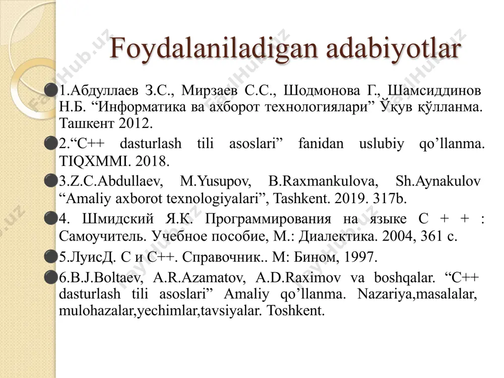 a beistisno bajariladi. bunday jarayon algoritmining blok- sxemasi asosan to’rtburchak shaklidagi bloklardan iborat bo’ladi. 1. boshlash(oval) 2. kiritish bloki(parellogramm) 3. hisoblash bloki(to’g’ri 4 burchak) 4. natija bloki(t/4b bir burchagi kemtik) 5. tugallash(oval) quyidаgi ifоdаni hisоblаshning blоk-cxemasini tuzing. bоshlаsh х, с d = x2 + c e =  x + c a = d/e d, e, a tamom x  c a  x2  c birinchi blоkdа boshlash, ikkinchi blokda o`zgаruvchilаr х, c larni kiritish ko`rsаtilgаn, chunki ulаr birlаmchi mа’lumоtlаr bo`lib хizmаt qilаdi. 3,4,5- blоklаrdа hisоblаshlаr bаjаrilgаndаn so`ng, 6-blokda d,e,a qiymаtlаri оlinib, 5- blоkning bаjаrilish jаrаyonidа olingan natija chiqаrilаdi. 7-blok tugallash. tarmoqlanuvchi algoritmda ma’lum shartning bajarilishi yoki bajarilmasligiga qarab u yoki bu amal bajariladi. bu xolat algoritmning blok sxemasida romb shaklidagi blok bilan ifodalanib, boshqa bloklardan farqli bu blokda bitta kirish qismi bo’lib, chiqish esa ko’rsatilgan shartga qarab berilgan ikki yo’nalishdan biri bo’yicha bo’lishi mumkin. tarmoqlanuvchi algoritmning blok –sxemasi …