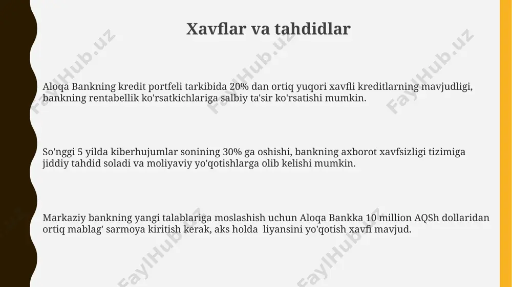 ytirishga sezilarli hissa qo'shdi. aloqa banki volontyorlari 2024 yilda 5000 soatdan ortiq vaqtini jamoatchilik ishlariga bag'ishlab, kam ta'minlangan oilalarga va nogironlarga yordam berishda faol ishtirok etdilar. bankning moliyaviy ko'rsatkichlari bankning o'z kapitali 2023-yilning birinchi choragida 3 trillion so'mni tashkil etdi, bu esa uning moliyaviy barqarorligini tasdiqlaydi. aloqa bankining kredit portfeli hajmi 10 trillion so'm atrofida bo'lib, bu umumiy aktivlarning 65% dan ko'prog'ini tashkil etadi va asosan kichik va o'rta biznesga yo'naltirilgan. aloqa bankining 2022-yil yakunlari bo'yicha aktivlari hajmi 15 trillion so'mdan oshgan bo'lib, bu o'tgan yilga nisbatan 20% ga o'sishni ko'rsatadi. raqobatbardoshlik va bozor ulushi aloqa bankining mijozlar soni oxirgi 3 yilda 2 baravar o'sgan, bu uning samarali marketing strategiyasi va yuqori darajadagi xizmatlarga bo'lgan talabni tasdiqlaydi. aloqa bankining bozor ulushi 2022 yilda 5% dan oshgan bo'lib, bu raqobatbardoshlik darajasining o'sganligini ko'rsatadi, ayniqsa kichik va o'rta biznes segmentlarida. bankning kredit portfeli tarkibida mikroqarzlarning ulushi 30% dan yuqori bo'lib, bu uning …