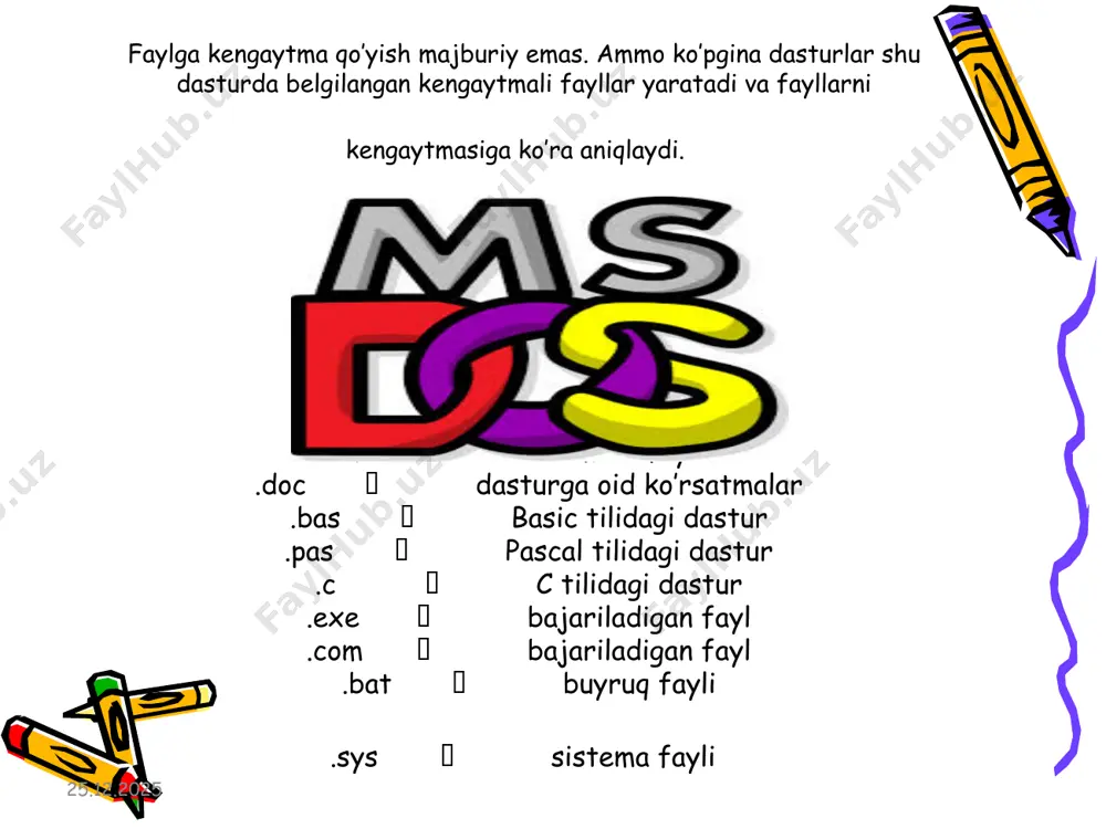 iatura yordamida ekranga yozib, [enter] tugmasini bosish bilan buyruqni kiritish ishi tugallanadi. 10.04.2017 8 ms-dos buyruklari tavsifi ms-dos buyruqlari ichki va tashqi buyruqlarga bo’linadi. command.com faylida mujassamlashgan ichki buyruqlar quyidagilardan iborat: break -to’xtatish; cd - joriy katalogni o’zgartirish yoki ko’rsatish; cls - ekranni tozalash; copy - fayllardan nusxa ko’chirish; date - joriy kunni aniqlash yoki o’zgartirish; dir - fayllar ro’yxatini ekranda ko’rish; exit - command.som faylini ishini tugatish; ren - fayl nomini o’zgartirish; rd - katalogni o’chirish; 10.04.2017 9 ms-dos osda ishlash imkoniyatlari haqida qisqacha ma’lumot ms-dos operatsion sistemasi muxitida ishlashda quyidagi ishlarni bajarish mumkin: 1. kompyuterni yuklash. 2. ms-dos osni yuklash 3. ms-dos os taklifnomasi. buyruq kiritish 4. kirilcha shriftdan lotincha shriftga o’tish va aksincha, lotincha shriftdan kirilcha shriftga o’tish 5. fayl yaratish 6. faylni o’chirish 7. faylni qayta nomlash 8. faylni nusxalash. bir necha faylni birlashtirish 9. diskdan faylni qidirish 10. bexosdan o’chirilgan faylni tiklash 11. katalog yaratish …