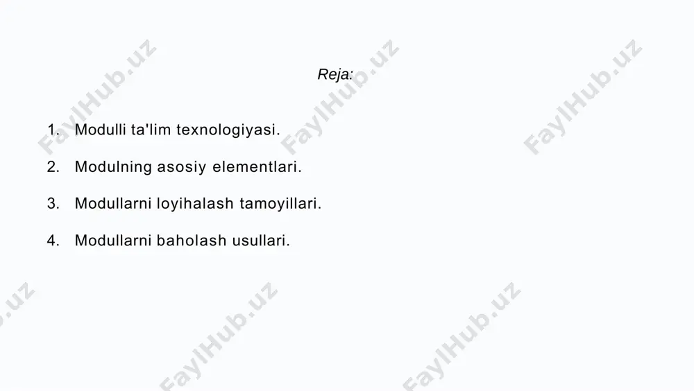keyingi qadamlar 1 modulli ta'lim samarali talabalar uchun qulay va moslashuvchan. 2 resurslarni tayyorlang modullarni joriy etish uchun. 3 sinovdan o'tkazing amaliyotda qo'llash orqali. image1.jpeg image2.jpeg image3.jpeg image4.jpeg image5.png image6.png image7.png image8.jpeg image9.jpeg image10.jpeg image11.jpeg