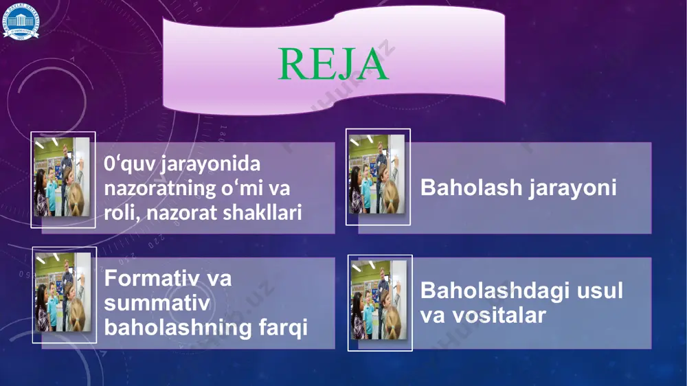 ilim, ko‘nikma, kompetensiyalar o‘lchanadi. nazorat tashkil etish va baholash usullarining tahlili nazorat tashkil etish va baholash usullarining tahlili baholash tizimi o‘rganish jarayonini boshqaradi. (miller, cowan, et al) baholash – bu dum, ta’lim standartlari – tana bo‘lsa, dum tanani likillatadi. (heargreaves) nazorat tashkil etish va baholash usullarining tahlili pedagogikada o‘lchashning asosiy xususiyati: bilvositalilik bunda konkret fizik xususiyatlar emas, balki mavhum tushunchalar (bilim, ko‘nikma, kompetensiya) o‘lchanadi ular maxsus tuzilgan vositalar – nazorat materiallari yordamida o‘lchanadi. nazorat tashkil etish va baholash usullarining tahlili shakllantiruvchi (formativ) baholash (o‘rganish uchun baholash): o‘quvchilar o‘rganish jarayonining qaysi bosqichida ekanliklari, keyingi qadamlari qanday bo‘lishi kerakligi va maqsadga qanday erishishlari mumkinligi haqida o‘quvchilar va o‘qituvchilar tomonidan ishlatiladigan dalillarni yig‘ish va talqin qilish jarayoni (isaacs et al, 2013) nazorat tashkil etish va baholash usullarining tahlili shakllantiruvchi (formativ) baholash (o‘rganish uchun baholash): uyga berilgan vazifalar dars paytida beriladigan topshiriqlar savol-javob dars paytida o‘tkaziladigan nazorat ishlari o‘quvchilarning darsdagi faolligini kuzatish norasmiy ta’lim …