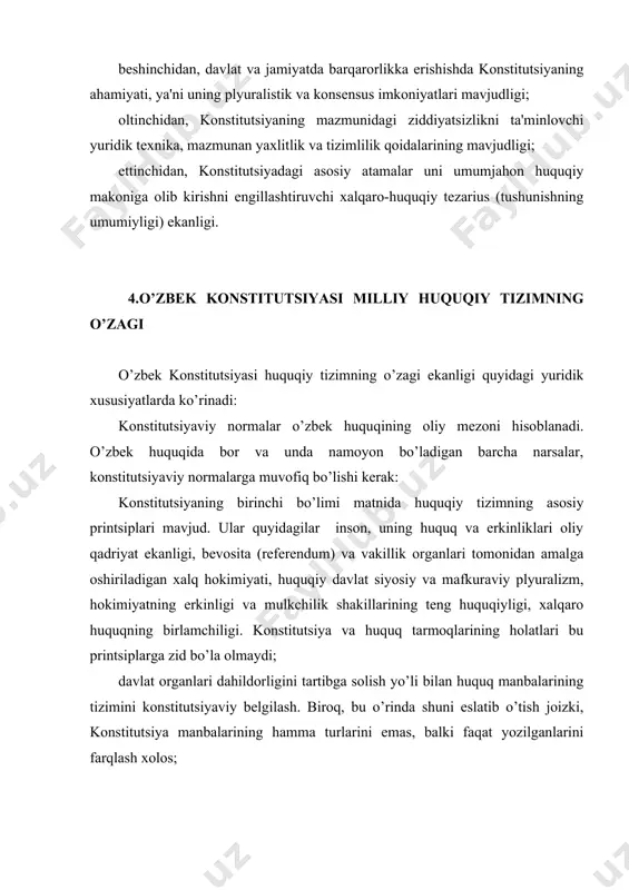 ton konstitutsiyasida jahon konstitutsiyaviy tajribasi quyidagi yo’nalishlarda o’z aksini topgan: konstitutsiyaviy tartibga solish printsipi – inson huquqlari va erkinliklari xalqaro huquq normalarining ustuvorligi, hokimiyat vakolatlarining bo’linishi, konstitutsiyaning barqarorligi; mafkuralashtirishdan voz kеchish, ya'ni u jamiyatga oldindan bеlgilangan hukumron mafkuraga mos kеluvchi iqtisodiy tuzumni majburan tadbiq etishga intilmaydi; konstitutsiyaviy kafolatlar-konstitutsiyaning ustuvorligi, konstitutsiyaviy sudning tashkil etilishi, asosiy qonunni o’zgartirishning alohida tartibi; prеzidеntlik rеspublikasining bеvosita dеmokratiyaning bir shakli ekanligi. chunki konstitutsiya prеzidеntning davlat va ijroiya hokimiyatining rahbari sifatidagi huquqiy mavqеini bеlgilaydi; konstitutsiyaviy tеxnikaning, ya'ni matnning muqaddima, bo’limlar, boblar va moddalar bo’yicha mantiqan joylashishi; huquqiylashtirish va mazmunining qisqaligi, ya'ni huquqiy davlat hayotini bog’lab qo’yuvchi ortiqcha qonunlarni yaratmaslik. foydalanilgan adabiyotlar 1.karimov i.a. biz tanlagan yo`l demokratik taraqqiyot va ma`rifiy dunyo bilan hamkorlik yo`li. t: 11- t .o`zbekiston 2003 yil 320 b 2.karimov i.a. o`zbek xalqi hech qachon hech kimga qaram bo`lmaydi t: 13-t; o`zbekiston 2005 yil 448 b 3. o’zbekiston respublikasi konstitutsiyasi. t: «o’zbekiston” 2008 yil. …