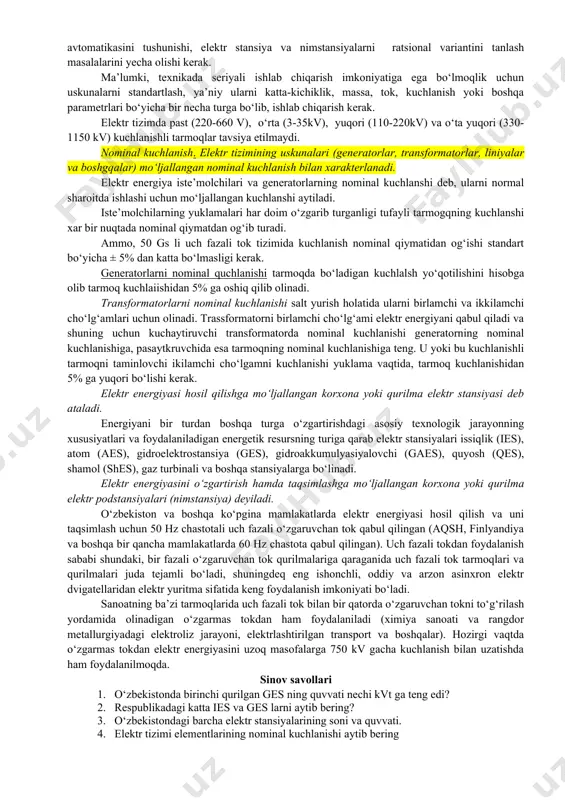 inchisi, o‘sha vaqtda o‘rta osieda eng kata bo‘lgan 2 ming kvt quvvatli bo‘zsuv gesini birinchi navbati ishga tushdi. respublikada quvvat o‘sishini asosini o‘zbekiston energetika tizimi tuzilgan paytda (1934 y) chirchiq-bo‘zsuv yo‘nalshidagi 180 ming kvt quvvatli ketma-ket qurilgan suv elektr stansiyalari tashkil etdi. ko‘rsatilgan elektr stansiyalarda yagona quvvati 150 dan 300 ming kvt bo‘lgan 30 dan ortiq zamonaviy energetika bloklar o‘rnatilgan. loyiha quvvati 3,2 mln. kvt va yagona energetika blokini quvvati 800 ming kvt li o‘rta osiyoda eng katta bo‘lgan tolimarjon issiqlik dres ni qurilishi davom etmoqda. suv ekergetikasi o‘zbekiston respublikasini energetika vazirligi sistemasidagi bir necha suv elektr stansiya kaskadlari bilan belgilangan. bulardan o‘rta-chirchiq ges lar kaskadi suv havzasiga ega va shu sababli 600 ming kvt quvvatli chorvoq gesi va 165 ming kvt quvvatli xodjikent gesi quvvatni rostlash tartibida ishlaydi. qolgan ges lar esa asosida suv okimi bo‘lgan tartibda ishlaydi. energetika respublika kompleks xo‘jaligining asosiy sohasi hisoblanadi. o‘zbekistonda umumiy o‘rnatilgan quvvati …