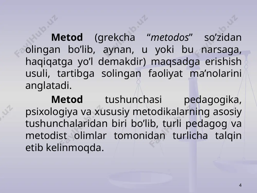 uruhga ajratadilar: 1) o’zaro ta’sirni tashkil etish va boshqarish metodlari; 2) o’zaro ta’sir natijasini nazorat etish metodlari. l.n.skatkin (metodist olim) o’z kitobida barcha o’qitish metodlarini 2 guruhga ajratib ko’rsatadi: 1) reproduktiv metodlar 2) produktiv metodlar 19 a.m.pishkalo “методика преподавания математики в i-iii классах” deb nomlangan kitobida o’qitish metodlarini 2 guruhga ajratib bayon etadi: 1) bu guruhga o’qituvchi va o’quvchilarning darsdagi faoliyatlarini tashkil etishga qaratilgan metodlar: tushuntirish, bayon etish, suhbat, o’quvchilarning mustaqil ishlarini kiritadi. 2) bu guruhga bilim olish manbalaridan kelib chiqadigan metodlarni kiritadi: o’qituvchining og’zaki nutqi, kitob ustida ishlash, ko’rgazmali qurollardan foydalanish, o’quvchilarning amaliy ishlarini kiritadi. 20 o’quv-bilish faoliyatini tashkil qilish metodlari bir necha guruhlarga bo’linadi: i. o’quvchilar bilim oladigan manbalar bo’yicha og’zaki, ko’rsatmali va amaliy metodlar. ii. o’quvchi fikrining yo’nalishi bo’yicha: induksiya, deduksiya va analogiya. iii. pedagogik ta’sir, boshqarishning darajasi, o’quvchilarning o’qishda mustaqilliklari darajasi bo’yicha: o’qituvchi boshchiligida bajariladigan o’quv ishlari metodi, o’quvchilarning mustaqil ishlari metodi. iv. o’quvchilarning mustaqil aktivliklari …