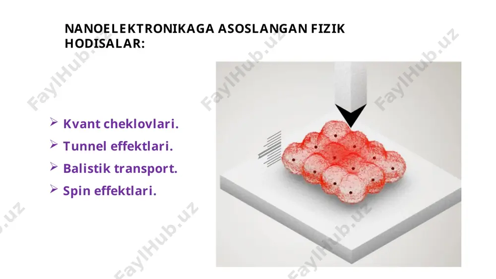 dlik va l kenglikka ega bo’lgan potensial to’siqqa ro’para keladi deb faraz qilaylik agar elektronning to’liq energiyasi w < bo’lsa, klassika nuqtayi nazaridan, u baryer sohasi ii ga kira olmaydi, chunki u yerda uning kinetik energiyasi manfiy bo’lib qoladi, bunday bo’lishi esa mumkin emas. lekin elektronning to’lqin tabiati e’tiborga olinsa, u to’lqindek, energiyasini yo’qotsa ham i sohadan iii sohaga o’tishi mumkin. tunnelashuv ehtimolligi shredinger tenglamasidan topiladi va eksponenta bilan xarakterlanadi. l ning qiymati 10 nm atrofida va undan kichik bo’lganida ushbu ehtimollik bilan hisoblashish kerak. potensial to’siqni yengib o’tishda elektron baryerdagi tunneldan o’tgandek bo’ladi, shuning uchun bu hodisa tunnel effekti deb ataladi. image1.png image2.png image3.png image4.png image5.png image30.png image40.png image6.png image7.png image70.png image8.png image9.png image10.png image11.png image12.png image13.png /docprops/thumbnail.jpeg