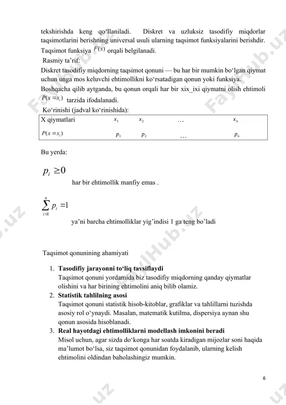 mos holda funksiyaning qiymati keskin o‘zgaradi. 4. chapdan uzluksiz bo‘ladi: ya’ni, har bir nuqtada chap tomondan yaqinlashgan qiymatlar funksiyaga mos keladi. amaliy ahamiyati · taqsimot funksiyasi orqali tasodifiy miqdorning qanday taqsimlangani haqida umumiy tasavvur hosil qilinadi. · u yordamida ehtimolliklar oralig‘ini hisoblash osonlashadi: kompyuter dasturlarida tasodifiy sonlar bilan ishlaganda generatsiya jarayonida foydalaniladi. · grafik ko‘rinishda ehtimollikni vizual tahlil qilish imkonini beradi. diskret tasodifiy miqdorning asosiy sonli xarakteristikalari tasodifiy miqdorlar va ularning sonli xarakteristikalari reja: tasodifiy miqdor tushunchasi. diskret tasodifiy miqdorlar va diskret tasodifiy miqdorlarning taqsimot qonuni. binomial taqsimot. diskret tasodifiy miqdorning o'rtacha qiymati (matematik kutilma). dispersiya, o'rtacha kvadratik chetlanish. tayanch iboralar: tasodifiy miqdor, diskret tasodifiy miqdor, taqsimot qonuni, bernulli formulasi, binomial ehtimollar, binomial taqsimot qonuni, matematik kutilish (o'rtacha qiymat), dispersiya, o'rtacha kvadratik chetlanish. tasodifiy miqdor tushunchasi bizga malumki ehtimollar nazariyasida qaralgan tasodifiy hodisalar qandaydir son bilan xarakterlanadi, yani tajribaning natijasi biror x son orqali xarakterlanadi. shu bilan birga tajriba natijasining …
