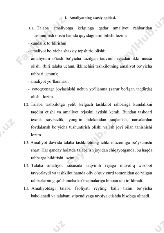 ot davomida bajarilgan ishlar hisoboti sana 1. talabaning kundalik ish mazmuni. amaliyot davomida bajarilgan ishlar hisoboti sana 1. talabaning kundalik ish mazmuni. amaliyot davomida bajarilgan ishlar hisoboti sana 1. talabaning kundalik ish mazmuni. amaliyot davomida bajarilgan ishlar hisoboti sana 1. talabaning kundalik ish mazmuni. amaliyot davomida bajarilgan ishlar hisoboti sana 1. talabaning kundalik ish mazmuni. amaliyot davomida bajarilgan ishlar hisoboti sana 1. talabaning kundalik ish mazmuni. amaliyot davomida bajarilgan ishlar hisoboti sana 1. talaba ( ismi-sharifi) 60110100-pedagogika va psixologiya yo‘nalishi bo‘yicha 2024 yil « » da amaliyot o‘tash joyiga keldi. 2024 yil « » da amaliyot o‘tashni tugalladi. korxona (tashkilot)dan tayinlangan rahbarning pedagogik amaliyotini o‘tash bo‘yicha xulosasi: talabaning pedagogik amaliyoti bo‘yicha bahosi rahbar imzosi . tashkilot muhri. « » 2024 yil. 4. universitetdan tayinlangan rahbarning xulosasi. 5. talabaning pedagogik amaliyotni o‘tash davrida orttirgan ko‘nikmalari. pedagogik amaliyot bo‘yicha talabaning bahosi « » 2024 yil. pedagogik amaliyotni baholagan professor-o‘qituvchilar: 1. imzo 2. …