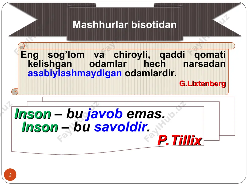 do’stlik haqida gap bo’lishi mumkin emas. agar ana shunday tushunish bo’lsa, do’stlar gap-so’zsiz ham qiliqlar, yuz ifodasi, yurish-turishga qarab ham bir-birlarini tushunib olaveradilar. * agar dostlik attraktsiya namoyon bo`lishining birinchi ko`rinishi bo`lsa, sevgi qalblar yaqinlashuvining muhim alomatidir. sevgi – bu nafaqat hissiyot, balki boshqalarni seva olish qobiliyati hamda sevimli bo`la olishdir. shuning uchun ham o`smirlar va o`spirinlar uchun bu hissiyotning borligi juda katta ahamiyatga egadir. aynan o`smirlar va ilk o`spirinlikdagi sevgi beg`ubor, tiniq, samimiy bo`lib, yosh o`tgan sari uning mazmuni boyib, boshqa qadriyatlar ham o`rin egallay boshlaydi. * * sevgi- muhabbat turlari kuchli sevgi-muhabbat hislari bo`lib, bu hislar asosida yotgan motiv muhabbat obyektiga jismoniy ega bo`lish. bunda jinsiy intilish yetakchilik qiladi. sevgi hislarini unchalik chuqur bo`lmagan muhabbat o`yini sifatida idrok qilinadigan, sevgi hislari obyekti oson almashinish mumkin bo`lgan turi. tashqi ko`rinishidan kuchli ifodalanmagan, ammo ishonchli muhabbat – do`stlik turi. lyudus va storgelardan iborat doimo ong nazoratida bo`lgan, sevgan shaxsining manfaatlarini …