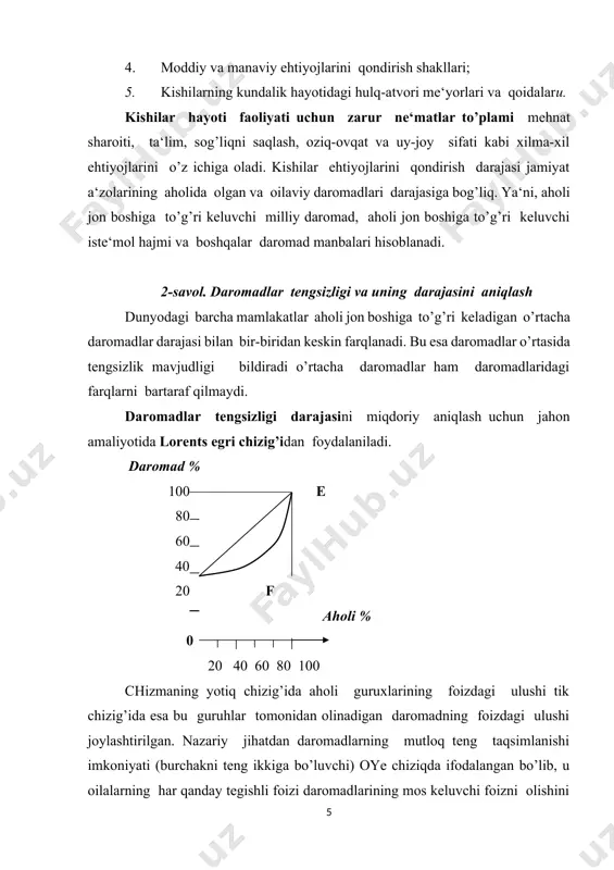ajasidagi farqlar; 1. ishlab chiqaruvchilarning bozorda narxlarni o’rnatishga layoqatli darajadagi farqlar (bozordagi hamkorlik darajasidan kelib chiqqan holda). bunday sharoitda davlatning daromadlarni qayta taqsimlash vazifasiga daromadlar tengsizligidagi farqlarni kamaytirish va jamiyat barcha a‘zolari uchun ancha qo’lay moddiy hayot sharoitini ta‘minlashga qaratiladi. 3-savol. davlatning ijtimoiy siyosati davlatning ijtimoiy siyosati tegishli markazlashgan daromadlarni tabaqalashgan soliq solish yo’li bilan shakllantirish va uni byudjet orqali turli guruhlari o’rtasidagi qayta taqsimlashdan iborat. davlat daromadlarini qayta taqsimlashdan ijtimoiy to’lovlar bilan birga bozor narxlarini o’zgartirish va ish haqining eng kam darajasini belgilash usullaridan foydalanadi. ijtimoiy to’lovlar – kam ta‘minlanganlarga pul yoki natural yordam ko’rsatishga qaratilgan tadbirlar tizini bo’lib, bu ularning iqtisodiy faoliyatda qatnashishi bilan bog’liq bo’lmaydi. ijtimoiy to’lovlarning maqsadi jamiyatdagi munosabatlarni inson parvarishlashtirish hamda ichki talabni ushlab turish hisoblanadi. aholini daromadlari darajasiga inflyatsiya sezilarli ta‘sir ko’rsatish sababli daromadlarni davlat tomonidan tartibga solishning muhim vazifasi iste‘mol tovarlarni narxnig o’sishini hisobga olish va nominal daromadlarini narxlar o’sishiga bog’liqlikdan oshirib borish …