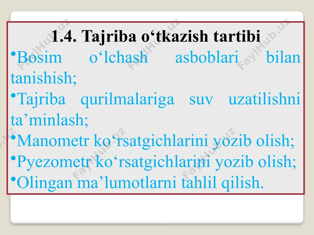 da kosachadagi simob sathini pasayishi e’tiborga olinmasa ham bo’ladi. bunda rezervuarning d nuqtasida absolyut bosim teng: bu yerda γа - mazkur asbob uchun tuzatmaning ozgarmas qiymati. shunday qilib, o’zgarmas bosim p(abc)d ni aniqlash uchun faqat shkala no’lidan yuqoridagi simob ustuni balandligi hp ni o’lchash kerak, yani faqat bitta sanoq olishni o’zi kifoya. ikki sohada bosim farqini o’lchash uchun differensial manometer deb nomlanadigan asboblardan foydalaniladi. ko’proq o’zaro tutashgan ikkita u-simon naychalardan iborat differensial simobli manometrlar qo’llaniladi o’zaro birlashtirilgan ikkita u-simon naychalardan iborat differensial manometr simob o’rta tirsakda joylashadi. asbob ishlamayotgan vaqtda ikkala qismida ham simob sathi teng bo’ladi. manometr ishga ushirilganda, simob siljib, muvozanat holatidagi sathlarga mos yangi holat egallaydi,masalan, rasmda ko’rsatilgandek. differentsial manometr birinchi va ikkinchi rezervuarlarning a va b nuqtalaridagi bosimni p1va р2 deb, δh bilan esa – simob sathlari farqini belgilaymiz. manometrdagi suyuqlikning muvozanati shartlarini tuzamiz. bu tenglama quyidagi bog’lanishlarga olib keladi: bunda γ – birinchi va ikkinchi …
