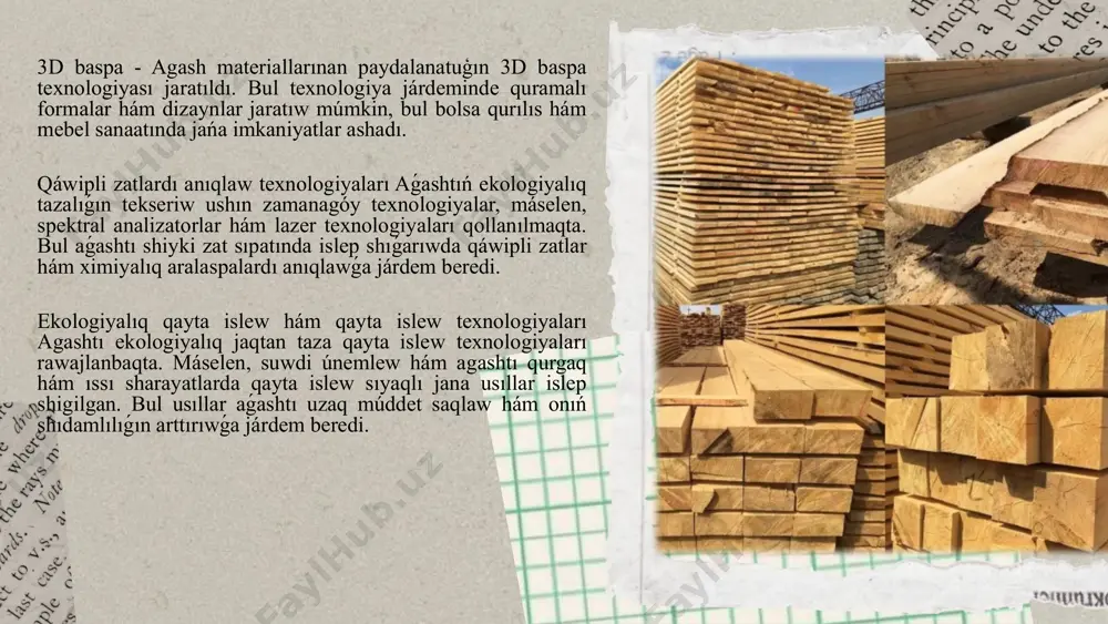 tı qayta islew procesinde shıǵındılardı azaytıw hám shıǵındılardı qayta islew, ekologiyalıq zıyanlı elementlerdi azaytıw, qayta tiklenetuǵın energiya dáreklerinen paydalanıw ústinde jumıslar islenbekte. qayta islew hám aǵash shıǵındılarınan paydalanıw - aǵash sanaatında shıǵındılardı azaytıw hám olardı qayta islew máselesi úlken áhmietke ie. aǵash shıǵındıları, máselen, aǵash chiplerin yamasa shańdı energiya islep shıǵarıw yamasa jańa materiallar jaratıw ushın paydalanıw múmkin. aǵashtıń ekologiyalıq izin azaytıw - jańa texnologiyalar arqalı aǵash islep shıǵarıwda karbonsızlandırıw hám uglerondı saqlaw imkaniyatları artpaqta. basqa qurılıs materiallarına salıstırǵanda aǵash tábiyiy túrde uglerondı uslap qalıw qásietine ie, bul bolsa onıń ekologiyalıq abzallıqların jáne de arttıradı. juwmaqlaw. aǵash sanaatınıń rawajlanıwı búgingi kúnde innovaciyalıq texnologiyalar hám ekologiyalıq jaqtan taza qayta islew usıllarına súenbekte. jańa aǵash materialları hám zamanagóy óndiris texnologiyaları aǵashtı jáne de nátiyjeli, bekkem hám ekologiyalıq taza materialǵa aylandırıw imkaniyatın beredi. basqa qurılıs materiallarına salıstırǵanda aǵashtıń tábiyǵıy hám qayta tiklenetuǵın qásietleri, onı keleshekte de dawam etetuǵın birinshi tańlawlardan biri etip qaladı. …