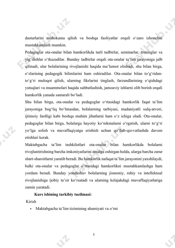 anishiga ijobiy ta’sir ko‘rsatadi va ularning kelajakdagi muvaffaqiyatlariga zamin yaratadi. kurs ishining tarkibiy tuzilmasi: kirish · maktabgacha ta’lim tizimining ahamiyati va o‘rni · ota-onalar bilan hamkorlikning ta’lim jarayonidagi roli · kurs ishining maqsadi, vazifalari va dolzarbligi 2. maktabgacha ta’limda ota-onalar bilan hamkorlikning nazariy asoslari · ota-onalar bilan hamkorlik tushunchasi · maktabgacha ta’limning asosiy maqsadlari va vazifalari · pedagogik faoliyatda ota-onalar bilan hamkorlikning o‘ziga xos xususiyatlari 3. ota-onalar bilan hamkorlikning shakllari va metodlari · yig‘ilishlar, seminarlar va treninglar tashkil etish · ota-onalar uchun pedagogik maslahatlar va qo‘llanmalar · ochiq eshiklar kunlari va ota-onalar uchrashuvlari · onlayn muloqot va platformalarda hamkorlik 4. ota-onalar bilan samarali hamkorlik o‘rnatish usullari · ota-onalarni ta’lim jarayoniga jalb qilishning samarali metodlari · ota-onalar bilan muloqotda yuzaga keladigan muammolar va ularni hal qilish yo‘llari · pedagoglarning ota-onalar bilan ishlashdagi roli 5. ota-onalar bilan hamkorlikning ta’lim jarayoniga ta’siri · ota-onalar bilan hamkorlik orqali ta’lim sifatini oshirish · bolalar rivojlanishiga …