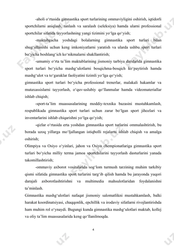 lga oshiriladi. jamoaviy tayyorgarlik esa sportchilar guruhining birgalikda harakat qilish, o‘zaro hamkorlik va jamoaviy ruhni shakllantirishga qaratilgan. mazkur kurs ishida gimnastikada individual va jamoaviy tayyorgarlikning nazariy asoslari, ularni tashkil etish va samaradorligini oshirish yo‘llari o‘rganiladi. shuningdek, individual va jamoaviy mashg‘ulotlarning o‘ziga xos jihatlari, ularni rejalashtirish va boshqarish usullari tahlil qilinadi. kurs ishining maqsadi – gimnastikada individual va jamoaviy tayyorgarlikning ahamiyati, ularni tashkil etishning samarali usullarini o‘rganish va amaliyotda qo‘llash bo‘yicha tavsiyalar ishlab chiqishdan iborat. gimnastika inson salomatligini mustahkamlash, jismoniy rivojlanishni ta’minlash va sport mahoratini oshirishda muhim o‘rin tutadigan sport turlaridan biridir. u o‘zining ko‘p asrlik tarixi, boy an’analari va zamonaviy rivojlanish tendensiyalari bilan ajralib turadi. gimnastika mashg‘ulotlari orqali inson organizmining barcha asosiy jismoniy sifatlari – kuch, chaqqonlik, epchillik, muvozanat, moslashuvchanlik va chidamlilik rivojlanadi. shu sababli, gimnastika nafaqat professional sportchilar, balki keng omma, ayniqsa, yosh avlod uchun ham katta ahamiyatga ega. bugungi kunda gimnastika mashg‘ulotlari maktabgacha ta’lim muassasalari, maktablar, kollej va …