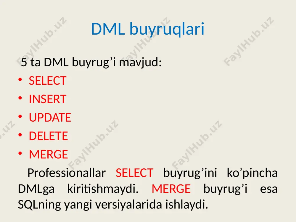 ham bir xil amalni bajaradi. ma`lumotlarni kiritish shuningdek, to`liq miqdorda bo`lmagan qiymatlarni ko`rsatish mumkin. ya`ni, qiymatlar qatorida muallifdoshni ko`rsatmaslik mumkin, chunki joriy kitobda muallifdosh yo`q. biroq bunda qiymat kiritiladigan ustun nomlarini quyidagicha shaklda ko`rsatish kerak bo`ladi: insert into books ( isbn, titl, autor, yearizd,pages) values((‘5-88782-290-2’, ‘аппаратные средства ibm pc. энциклопедия’, ’гук m.’, 2000,816) bu holda coautor ustuniga null qiymati yoziladi. ma`lumotlarni kiritish agar jadvalni yaratishda ustun yoki atributga majburiy qiymat (not null) belgisi qo`yilgan bo`lsa, u holda insert operatorida joriy ustunning har bir satriga kiritiladigan qiymat ko`rsatilishi kerak. shuning uchun, agar jadvalning hamma ustuni majburiy qiymatli bo`lsa, u holda har bir yangi kiritladigan satrda barcha ustun uchun qiymat mavjud bo`lishi kerak va bunda ustunlar ro`yxatini ko`rsatish shart emas. aks holda jadvalda kamida bitta majburiy qiymatli bo`lmagan ustun bo`lsa, u holda albatta ustunlar ro`yxatini ko`rsatish shart bo`ladi. qiymatlar ro`yxatida maxsus funktsiyalar va ifodalar ko`rsatilishi ham mumkin. bunda, ushbu funktsiyalarning qiymatlari ma`lumotlarni …
