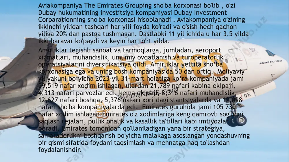 l qilish uchun yonboshlanadi va shaxsiy minibarlar bilan jihozlangan. emirates a380 dagi biznes-klassdagi o‘rindiqlarning yarmini boshqalarga qaraganda 23 sm qisqaroq qiladi, uzunligi esa atigi 1,8 m. biznes-klass yo'lovchilari, shuningdek, samolyotning orqa qismidagi bort panjarasidan foydalanishlari mumkin. 3.premium iqtisod klass . hozirda amirliklar aeroportidgi bor-yo‘g‘i oltita airbus a380 samolyoti premium ekonom-klassga ega shuningdek, amirliklarning birinchi boeing 777x (taxminan 2025-yil) yetkazib berilishi bilan bir qatorda taqdim etilishi rejalashtirilgan. bu o‘rindiqlar aviakompaniyaning boeing 777-300er samolyotlariga ham o‘rnatilishi rejalashtirilgan2020-yil dekabr oyi holatiga koʻra, emirates bosh direktori tim klark premium iqtisod kabinalari recaro pl3530 oʻrindiqlari bilan jihozlanishini rasman eʼlon qildi. amirliklar shuningdek, 2022 yil oxirida boshlanishi rejalashtirilgan yangi takomillashtirish dasturini taqdim etdi; dastur yakuniga qadar 52 ta airbus a380 va 53 ta boeing 777 samolyotlari yuqori darajadagi tejamkorlik bilan jihozlanadi. 4. iqtisodiyot klass. emirates ekonom klassi airbus samolyotlarida 79–81 santimetr uzunlikdagi va boeing samolyotlarida 86 sm standart o‘rindiq kengligi mavjud . emirates o'zining boeing 777 …
