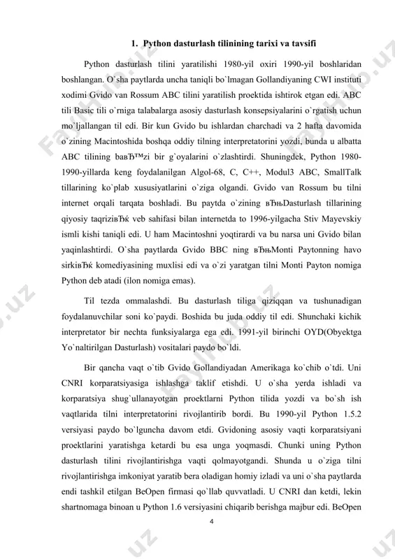 shunga o'xshash yozuv hosil bo'lsa unda hammasi joyida windows operatsion tizimiga o'rnatish uchun www.python.org/downloads web sahifasiga o'tamiz va u yerdan oxirgi python versiyasini yuklab olamiz. pythonni o'rnatish odatiy dasturlarni o'rnatish kabi kechadi. hech qanday qiyin joyi yo'q. python dasturlash tilining o`rnatuvchi paketini ustiga sichqoncha ko`ratkichini 2 marta bosamiz va bizga quyidagi oyna hosil bo`ladi. bu yerda install for all users-barcha foydalanuvchilar uchun. install just for me- faqat siz uchun, agar buni tanlab istalyatsiya qilsak yaвђ™ni o`rnatsak windows vista operatsion sistemasida xatolik yuz beradi va dastur ishlamaydi. shuning uchun install for all users ni tanlaganimiz maqul. keyin next tugmasi bosamiz. bu yerda esa python dasturlash tilini qayerda o`rnatilishi ko`rsatilayapti. python o`rnatilyapti va bir necha sekunddan so`ng quyidagi oyna namoyon bo`ladi: bunda console rejimida dastur ishga tushib pip kutubxonasini qo`shadi. va dasturni o`rnatish muofaqqiyatli tugallandi. python dasturlash tilini yaratilishi 1980-yil oxiri 1990-yil boshlaridan boshlangan. o`sha paytlarda uncha taniqli bo`lmagan gollandiyaning cwi instituti …