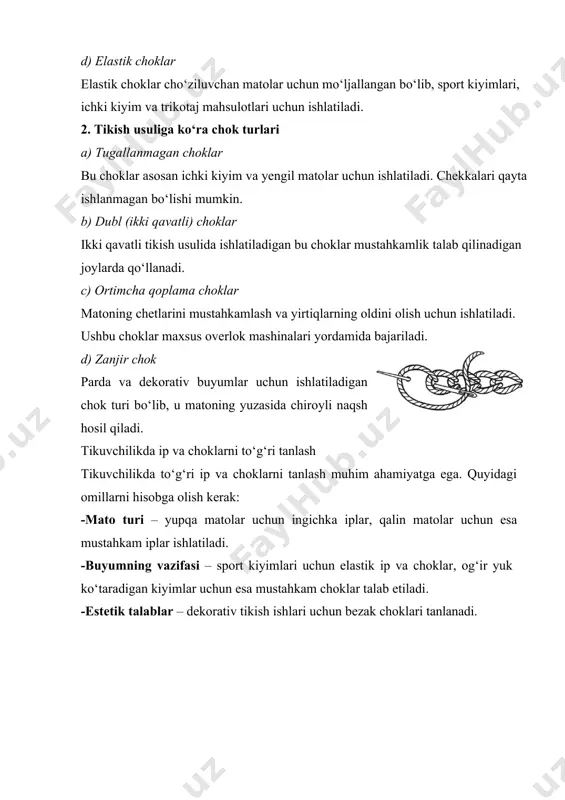 choklarni tikish: tikuv mashinalari yordamida chok tikish texnologiyasi zamonaviy tikuvchilik sanoatining ajralmas qismidir. quyidagi asosiy chok turlari tikuv mashinalari orqali bajariladi: · to‘g‘ri chok bu eng oddiy va keng qo‘llaniladigan chok turi bo‘lib, matolarni oddiy usulda tikish uchun ishlatiladi. tikuv mashinalari ushbu chokni tez va aniq bajaradi. · sirkulyar chok (zigzag chok) elastik chok bo‘lib, cho‘ziluvchan matolar uchun ishlatiladi. ushbu chok sport kiyimlari va ichki kiyimlar uchun juda mos keladi. · overlok chok overlok mashinalari yordamida bajariladi va matoning chetlarini qirqib, ularni so‘kilishdan saqlaydi. ushbu chok trikotaj va jinsi matolar uchun keng qo‘llaniladi. · zanjir chok dekorativ tikish ishlari uchun qo‘llaniladi va buyumlarning estetik ko‘rinishini oshiradi. kashtachilikda keng foydalaniladi. choklarni bajarish jarayoni chok tikish jarayoni quyidagi bosqichlardan iborat: 1. mato va ip tanlash – mos keluvchi ip va mato tanlanadi. 2. chok turini belgilash – buyumning vazifasiga qarab chok turi tanlanadi. 3. matoni tayyorlash – tikish oldidan matolar kesib olinadi …