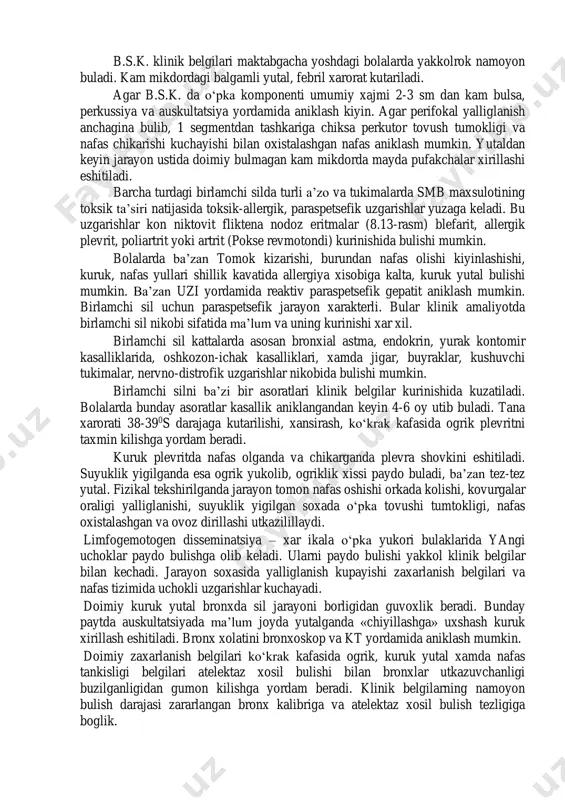 umkin. ko‘krak ichi limfa tugunlari silida stetoakustik belgilar asosan kuks oraligidagi perifokal nospetsefik yalliglangandan kelib chikadi. parasterial va paravertebral soxada nafas oxistalashadi, ko‘krak umurtkalari usimtalari ustida bronxofoniya kuchayadi, boshni orkaga tashlagan xolda tush suyagi ustki kismida vena shovkini (volchka) kuzatiladi. perifokal yalliglanish kam bulganda fizikal tekshirib kattalashgan limfa tugunini aniklash mumkin emas. xozirgi paytda ko‘krak ichi limfa tugunlari silining ogir klinik kechishi turi kam kuzatiladi. asosan kichik yoshdagi va bsj bilan emlanmagan bolalarda. b.s.k. asosan kam rivojlangan klinik belgilar yoki tuberkulinga viraj asosida aniklanadi. birlamchi o‘pka affekt atrofida perifokal yalliglanish katta maydonni egallasa kasallik utkir boshlanadi. b.s.k. klinik belgilari maktabgacha yoshdagi bolalarda yakkolrok namoyon buladi. kam mikdordagi balgamli yutal, febril xarorat kutariladi. agar b.s.k. da o‘pka komponenti umumiy xajmi 2-3 sm dan kam bulsa, perkussiya va auskultatsiya yordamida aniklash kiyin. agar perifokal yalliglanish anchagina bulib, 1 segmentdan tashkariga chiksa perkutor tovush tumokligi va nafas chikarishi kuchayishi bilan oxistalashgan nafas aniklash …