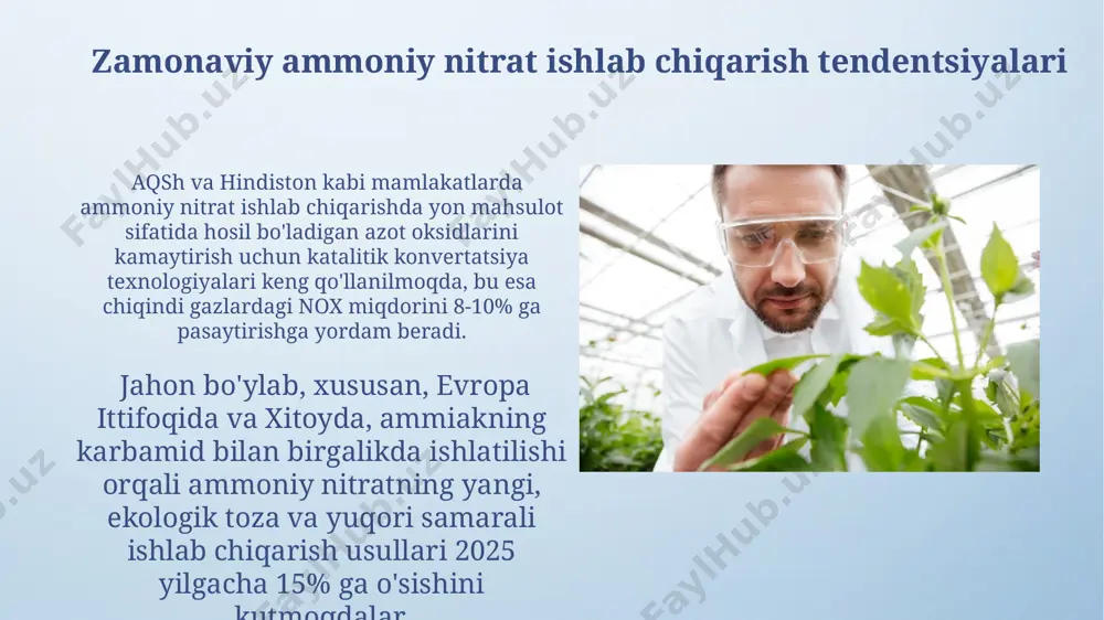 m oralig‘ida saqlash uchun 2-3% gacha fosfor kislotasi, kukunsimon kremniy dioksidi kabi qo'shimchalar qo'shiladi, bu esa granulalarning mustahkamligini oshiradi. odatda, ammiak nitrat ishlab chiqarishda ostvald usuli qo‘llaniladi, bu jarayon 3 bosqichdan iborat bo‘lib, ammiakning 900°c da platina katalizator yordamida oksidlanishi bilan boshlanadi va 98% dan yuqori darajada nitrat kislotasini hosil qiladi. ammoniy nitrat o'g'itlarini qo'llash usullari samarqand viloyatining qumli tuproqlarida ammoniy nitratni yomg'irlash usuli bilan 150 kg/ga dan qo'llash, suv iste'molini 10-15% kamaytirish bilan birga, hosilning sifatini yaxshilaydi. ammoniy nitrat o'g'itlarini 100 kg/ga dan 200 kg/ga gacha miqdorda qo'llash samaradorligi, qashqadaryo viloyati sharoitida o'tkazilgan tajribalarga ko'ra, hosildorlikni 15-20% ga oshirishga yordam beradi. ammoniy nitrat o'g'itlarining saqlash shartlari аммоний нитрат ўғитларини сақлаш омборлари яхши шамоллатиладиган, қуруқ ва 10°с дан 25°с гача бўлган ҳароратда бўлиши керак, намлик даражаси 60% дан ошмаслиги лозим. ўғитларни сақлашда, 100 кг дан ортиқ миқдордаги аммоний нитратни ёпиқ, ўтга чидамли, 50 м² дан кам бўлмаган майдонда сақлаш тавсия …