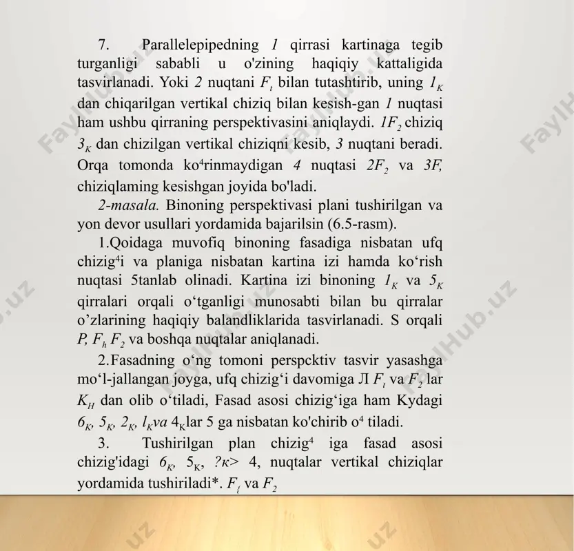 qtaning balandligi perspektivasini yasash uchun pastga tushirilgan plandagi perspektivasi a' nuqta t'h ga gorizontal yo'nalishda proyeksiyalanadi va unda a2 nuqta belgilanadi. a2 dan vertikal chiziq chiqarib, uni a7, f3 bilan kesishgan a3 nuqtasi topiladi. a3 nuqtadan a]a2 ga parallel o'tkazib, uni a7dan chiqarilgan vertikal chiziq bilan kesishgan nuqtasi, ya’ni a nuqtaning perspektivasi aniqlanadi. qolgan c,5 kabi nuqtalarning balandlikdagi perspektivalari ham shu tartibda yasaladi. 1г qirra kartinaga tegib turganligi uchun uining balandligi perspektivasi o'zining haqiqiy kattaligiga teng bo'ladi. 15 4-shakl 16 image2.jpeg image3.jpeg image4.jpeg image1.jpg