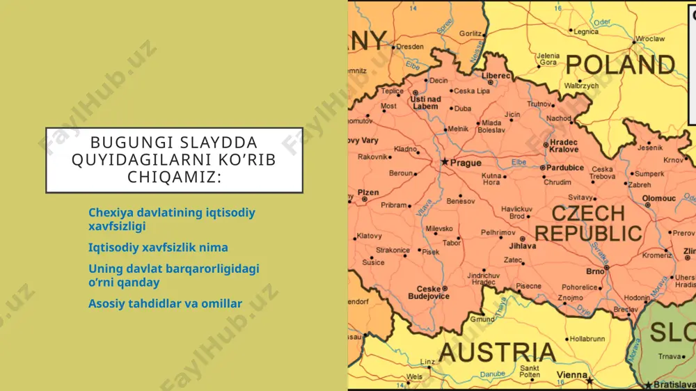 tga bog‘liq sanoat: chet bozorlaridagi o‘zgarishlar ichki iqtisodiyotga bevosita ta’sir ko‘rsatadi - ishchi kuchi yetishmovchiligi, ayniqsa texnik va ilmiy sohalarda - davlat byudjeti defitsiti va moliyaviy yuk ortishi 3. iqtisodiy xavfsizlikka tahdid soluvchi ichki omillar 5. iqtisodiy xavfsizlikni taʼminlash strategiyalari - energiya manbalarini diversifikatsiya qilish va yashil energiyaga o‘tish - mahalliy ishlab chiqarishni rivojlantirish orqali importdan qaramlikni kamaytirish - innovatsion texnologiyalar va raqamli iqtisodiyotga sarmoya kiritish - xalqaro savdo aloqalarini kengaytirish va yangi bozorlar izlash 6. yevropa ittifoqi doirasidagi xavfsizlik siyosati - 2004-yildan beri yeining to‘laqonli a’zosi - iqtisodiy va energetik siyosatda yei bilan integratsiyalashgan - moliya, transport va ekologik xavfsizlik yo‘nalishida hamkorlikni kuchaytirgan - yei mablag‘lari yordamida infratuzilma va texnologik rivojlanish amalga oshmoqda ko‘rsatkich 2021 2022 2023 yaim (mlrd $) 280 305 330 inflyatsiya (%) 3.8 14.2 10.7 ishsizlik (%) 3.1 2.8 2.6 eksport (mlrd $) 200 220 240 7. statistik maʼlumotlar (2021–2023) 8. xulosa chexiya respublikasi iqtisodiyoti barqaror …