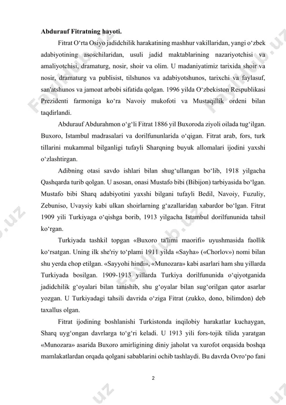 larga to‘g‘ri keladi. u 1913 yili fors-tojik tilida yaratgan «munozara» asarida buxoro amirligining diniy jaholat va xurofot orqasida boshqa mamlakatlardan orqada qolgani sabablarini ochib tashlaydi. bu davrda ovro‘po fani va madaniyatini targ‘ib qilish ham fitrat ma'rifatparvarligining muhim yo‘nalishini tashkil etgan. fitrat 1917 yili fevral' inqilobidan keyin «hurriyat» gazetasini tashkil etib, unda xalqni istiqlol uchun kurashga da'vat etuvchi she'r va maqolalarini e'lon qilgan. uning «hurriyat» gazetasida bosilgan «yurt qayg‘usi» nomli she'r va sochmalarida turkistonning hurligi uchun kurashga bel bog‘lagan lirik qahramonning «men sen uchun tug‘ildim, sen uchun yasharman, sening uchun o‘larman, ey turkning muqaddas o‘chog‘i!» degan da'vati baralla eshitiladi. fitrat faqat yetuk shoir, publisist va hikoyanavisgina emas, balki yetuk dramaturg sifatida ham adabiyotimiz va madaniyatimiz tarixidan mustahkam o‘rin egallaydi. uning «qon», «begijon», «temur sag‘anasi», «o‘g‘izxon», «abo muslim», «hind ixtilochilari», «chin sevish» kabi dramalarida milliy mustaqillik uchun kurash g‘oyasi yorqin ifodasini topgan. 1922 yili nashr etilgan «o‘zbek yosh shoirlari» to‘plamida cho‘lpon, elbek …