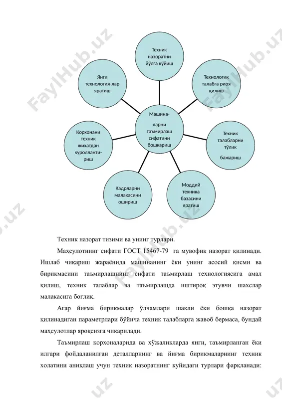 нлар ҳисобга олинади. қўзгалувчан назорат- катта хажмдаги деталлар ва йиғма бирикмаларни (каркаслар, рамалар, корпуслар ва бошқа шу кабиларда) таъмирлашда ва йиғишда иш жойининг айнан ўзида ўтказилади. бундай назоратда ишлаб чиқаришни ва шу маҳсулот нуқсонларини аниқлашнинг сифати камайиши мумкинлигига қарамай, қўшимча ишлаб чиқариш майдонига талаб камаяди ва юк ташиш хажми қискаради. маҳсулотнинг камраб олиш даражасига кўра назорат 2 турга бўлинади: бир бошдан (ялпи) назорат қилиш муҳит (жавобгар) деталларни, бу деталларнинг таъмирлангандан кейинги ёки эхтиёт қисмларнинг йиғишга келганда ўтказиладиган назорат, таъмирлар орасидаги давр (катта меҳнат сарфига карамасдан) таъмир сифатини оширишдаги ва машиналарни ишончли ишлашини таъминлашдаги асосий фактордир. танлаб (алоҳида) назорат ўтказиш катта хажмдаги эхтиёт қисмларни қабул қилишда, бир хилда таъмирланган деталларни назорат қилишда, корхоналардан маҳсулотларни қабул қилишда ва тайёр маҳсулотларни буюртмачига беришда қўлланилади. бундай катта миқдордаги деталларни техник холатини маълум бир аниқликда баҳолаш мумкин. шу билан бирга иш хажми ҳам камаяди. хўжаликлардаги техникаларни таъмирлаш устахоналарида техник назоратни ташкил қилишнинг уч хил шакли …